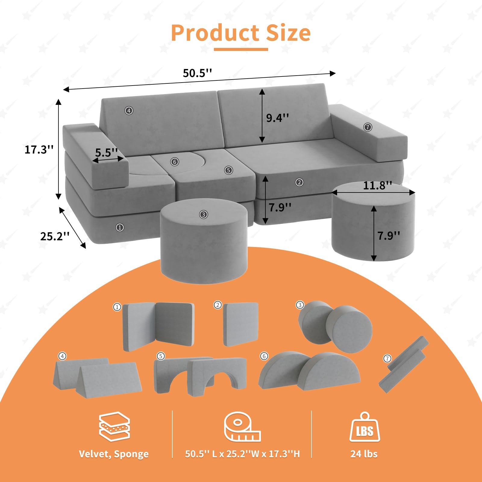 13-Piece Modular Kids Play Couch with 2 Ottomans - Foldable Playroom & Bedroom Sofa for Boys & Girls - Soft Gray Large Play Couch for Reading, Napping & Pretend Play