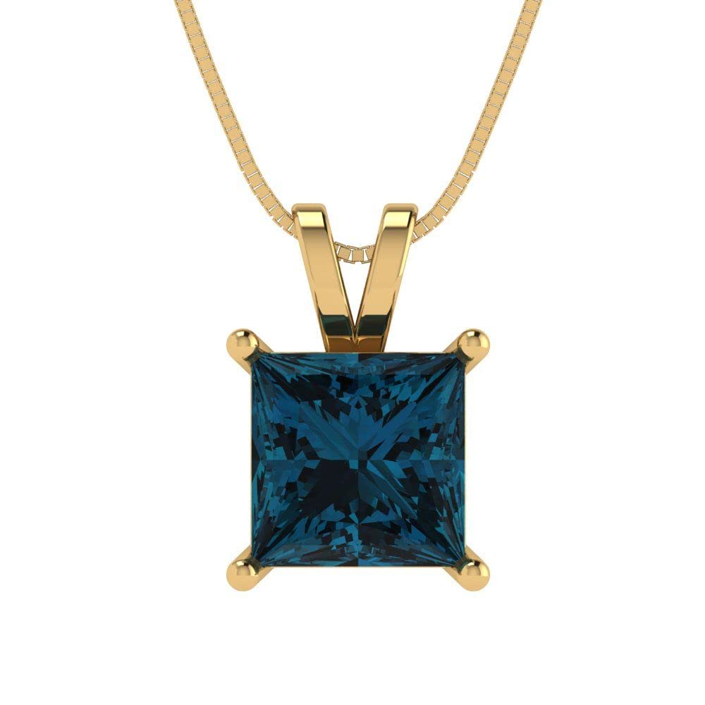 2.0ct Princess Cut Natural London Blue Topaz Solitaire Pendant with 18