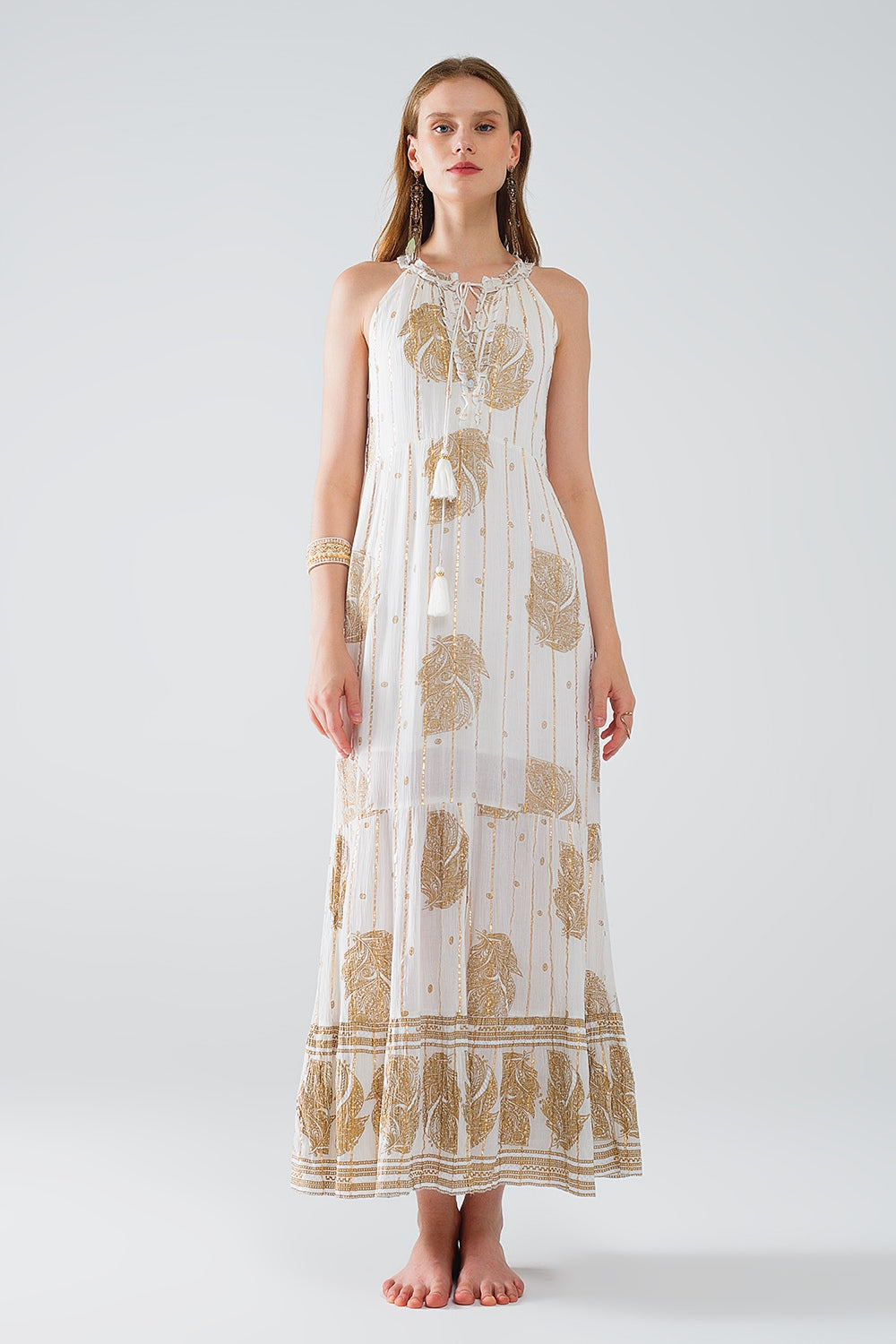 Boho Maxi Silk Chiffon Robe with Golden Floral Print - Perfect for Beach Cover-Ups, Summer Dresses & Boho Chic Outfits