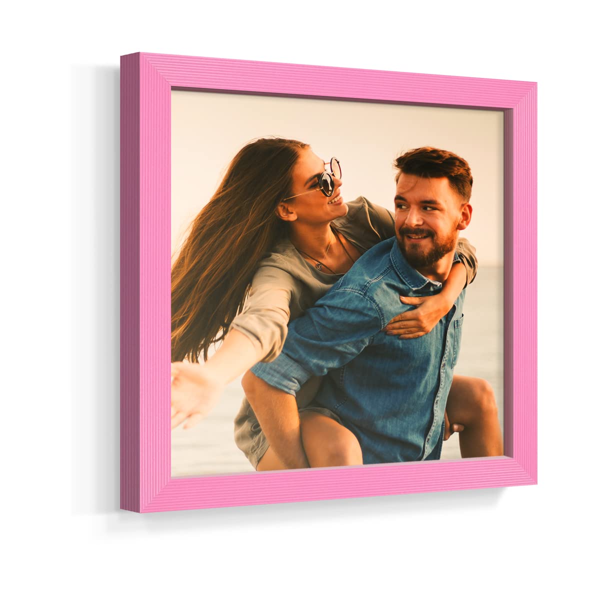 12-Piece Custom Photo Prints Set with 8x8 Real Wood Picture Frames | Personalized Photo Collage Kit | Peel & Stick Wall Decor | Pink Frame for Home, Office & Gift Giving