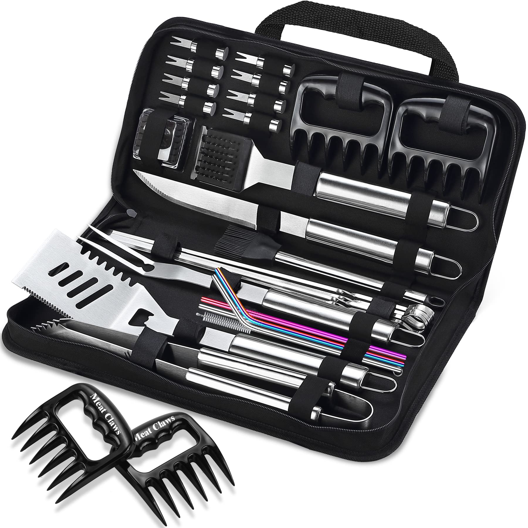 27-Piece Heavy Duty BBQ Grill Tools Set for Men - Extra Thick Stainless Steel Utensils with Meat Claws & Carrying Bag - Perfect for Father's Day Gifts, Outdoor Grilling, Camping & Backyard Barbecues