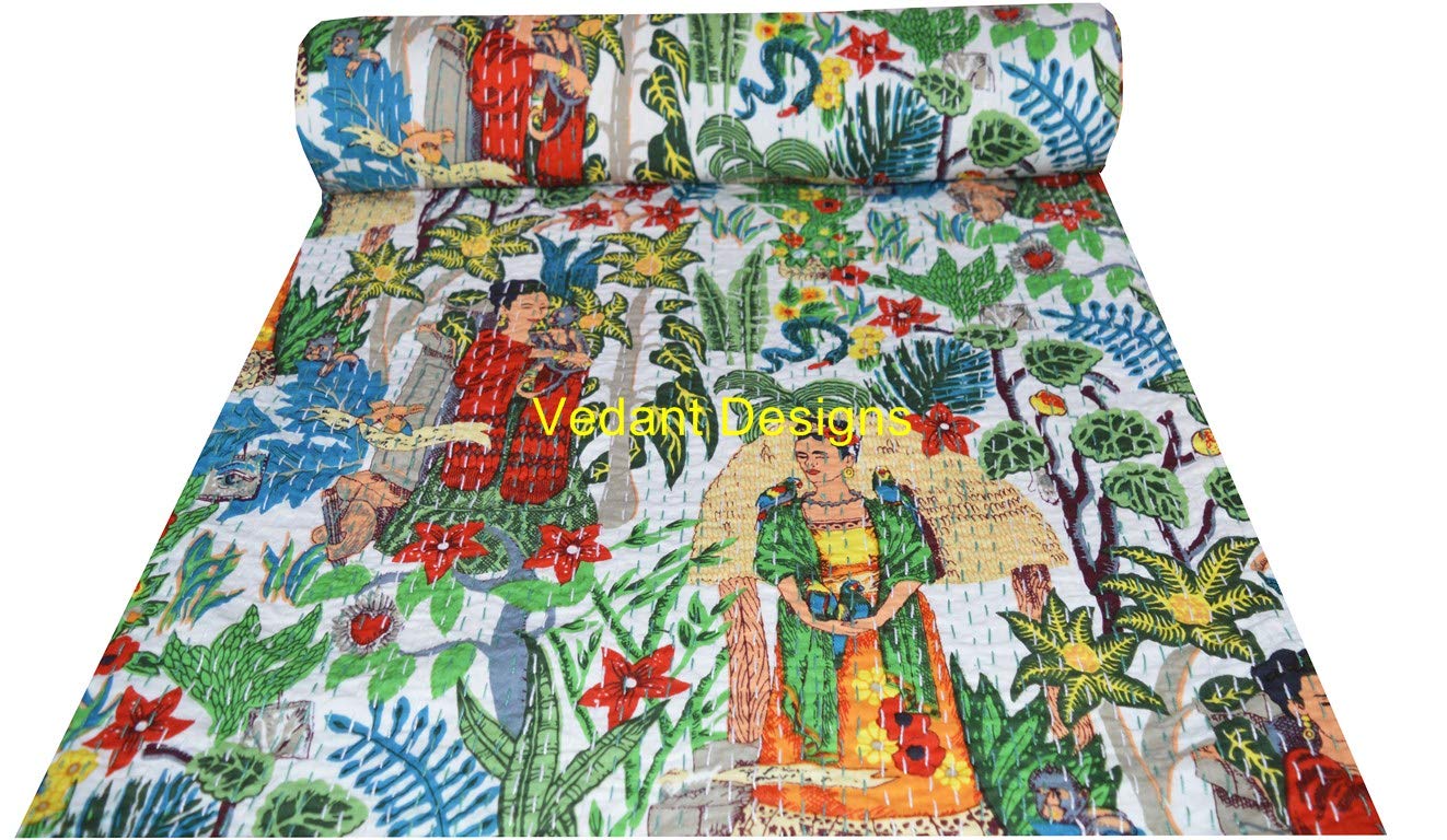 V Vedant Designs Indian Handmade Frida Kantha Quilt - Queen Size (90x108 Inches) | Frida Kahlo Printed Kantha Bedspread | Boho Chic Bedding Cover | Perfect for Bohemian Bedroom Decor & Guest Room Styling