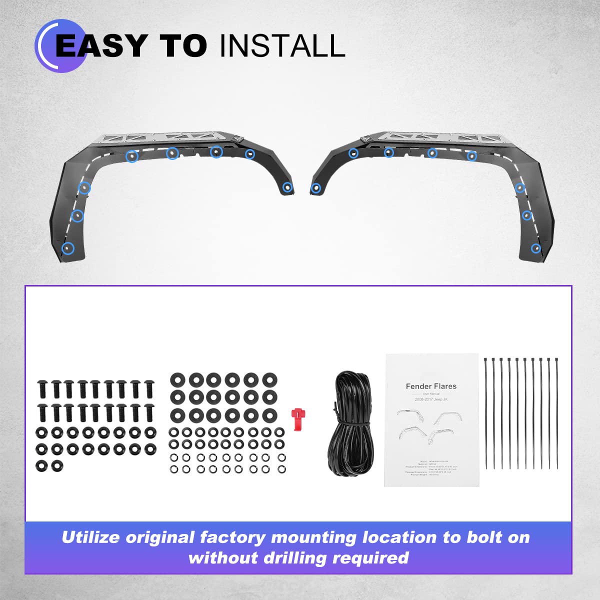 2007-2018 Jeep Wrangler JK/JKU Front Fender Flares with LED Sequential Turn Signals - Steel Wheel Fender Replacement for 2/4-Door Models | Off-Road Protection & Style Upgrade