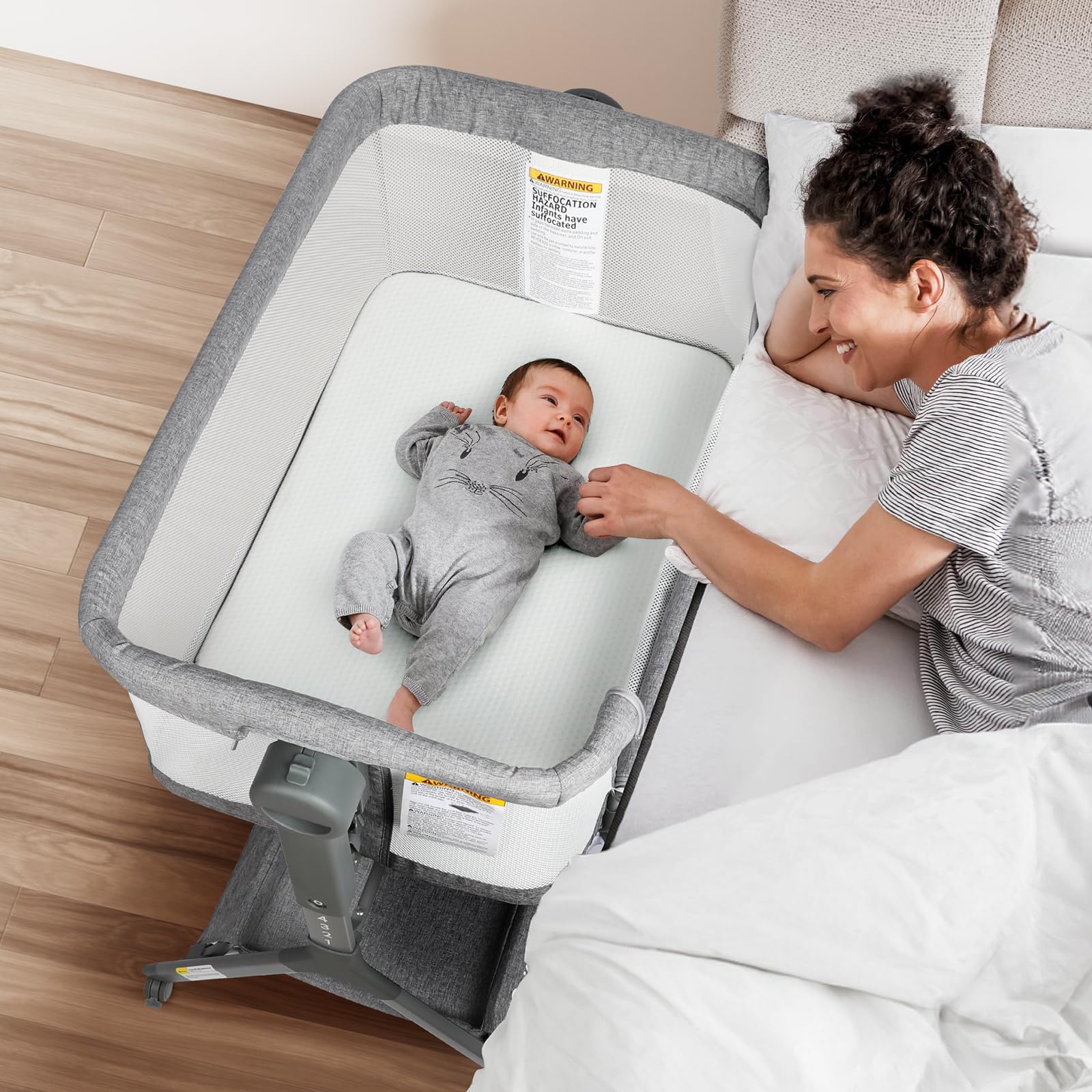 3-in-1 Baby Bassinet with Adjustable Height & Breathable Mesh - Portable Bedside Sleeper, Rocking Crib with Comfortable Mattress - Easy Assembly, Quiet Rolling Wheels for Nursery (Grey, 0-5 Months) - Perfect for Newborns, Nighttime Feeding & Co-Sleeping