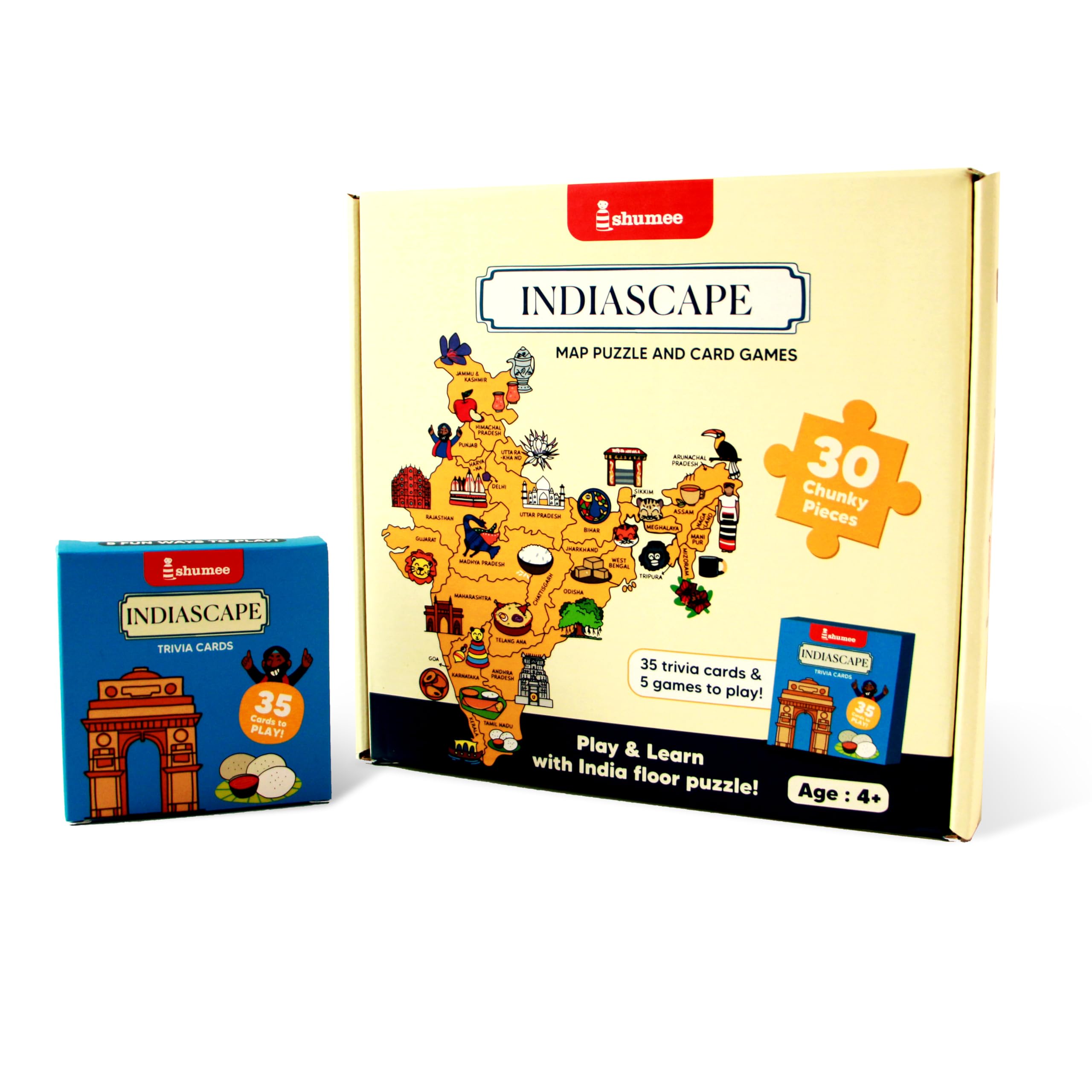 Shumee Indiascape Map Puzzle and Card Games Set - 30 Piece Educational Puzzle, 35 Geography Trivia Cards & 5 Fun Games for Kids Ages 4+ - Multicolor Learning Toys for Home & Classroom Use