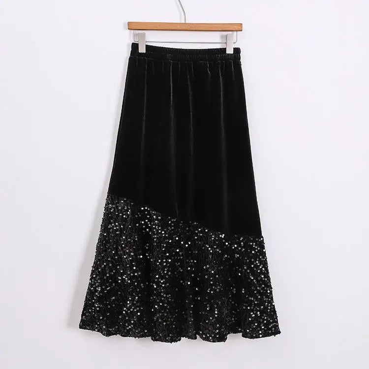 Vintage Patchwork Sequin Wrap Velvet Skirt for Women - Elegant High Waist Pleated Fishtail Maxi Skirt - Autumn Winter Fashion 2024 - Perfect for Holiday Parties, Date Nights & Formal Occasions