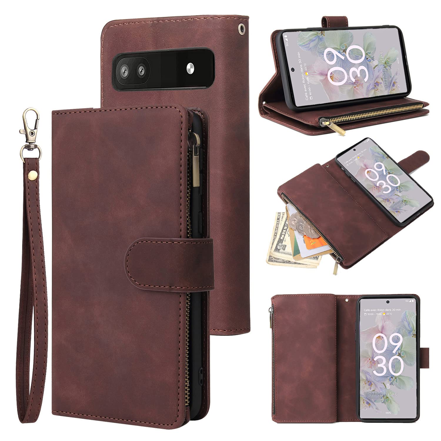 **Google Pixel 7 Pro Magnetic Leather Wallet Case – 6-Card Holder, Hand Strap & Zipper Pocket – Shockproof Flip Cover with Stand for Men & Women (Coffee) – Perfect for Travel, Work & Daily Use**