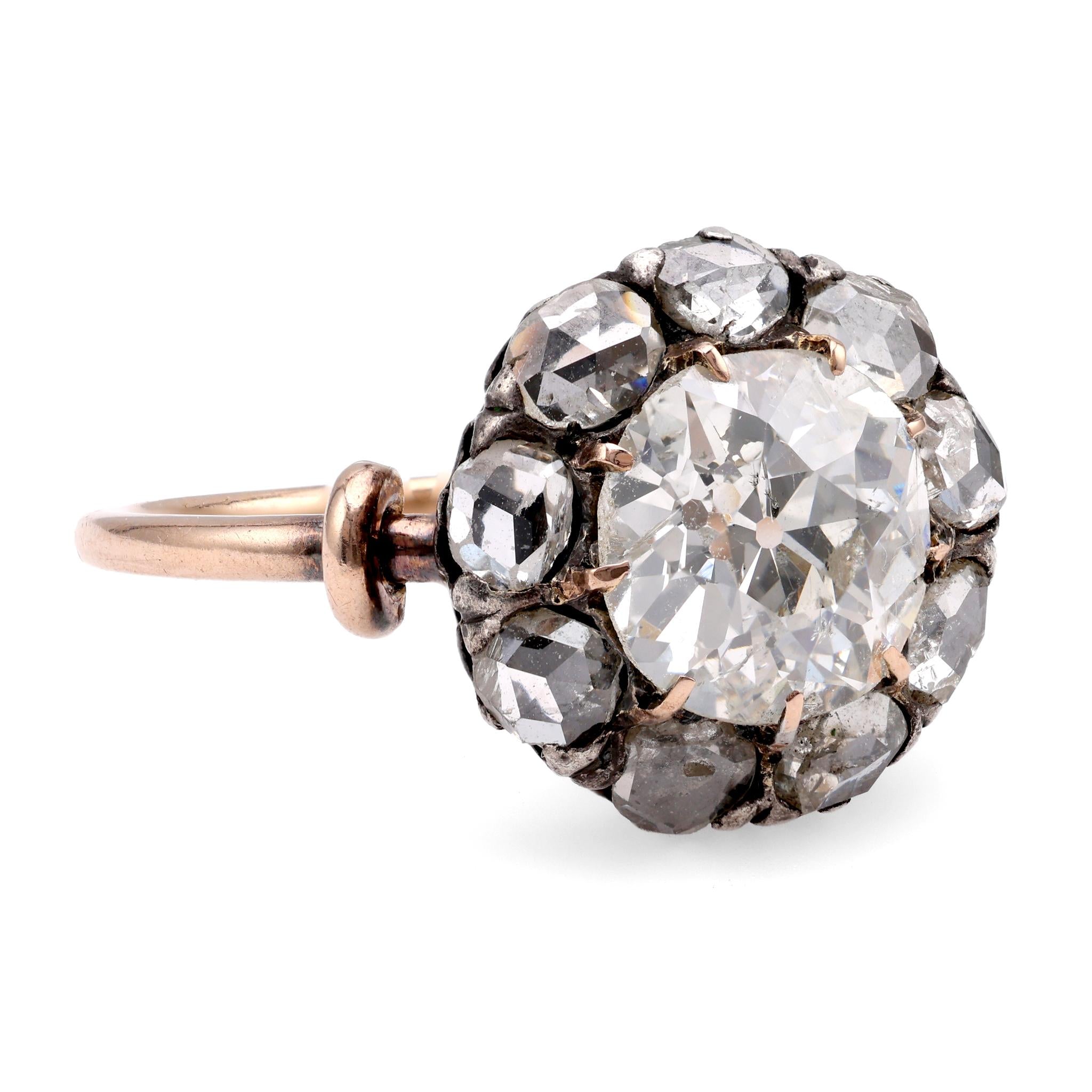 Antique Style 1.74 Carat Old Mine Diamond 18K Rose Gold Silver Cluster Ring - Vintage Inspired Engagement, Wedding & Anniversary Jewelry for Women - Perfect for Romantic Occasions & Special Gifts
