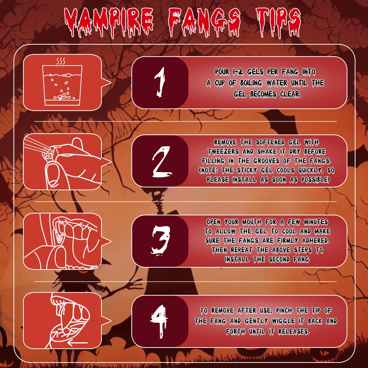 4 Pairs Vampire Teeth with Adhesive & Tweezer - 4 Sizes (13mm,15mm,17mm,19mm) Halloween Fake Fangs for Party Makeup, Cosplay & Costume Dress Up - Perfect for Halloween Decorations, Scary Movie Props & Vampire Themed Events