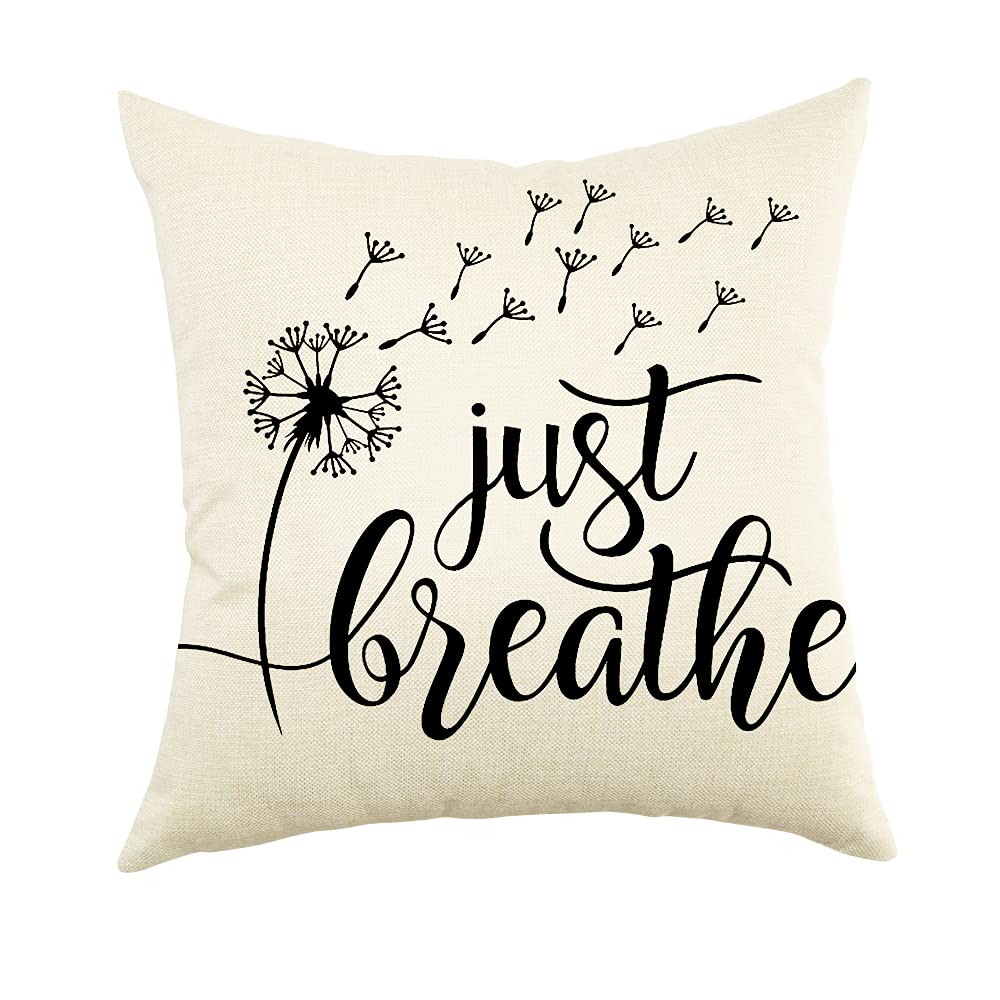 Farmhouse Pillow Covers 18x18 Inch - Rustic Home Decor with 'Just Breathe' Quote - Cozy Living Room Throw Pillow Cases for Sofa, Bedroom & Housewarming Gifts
