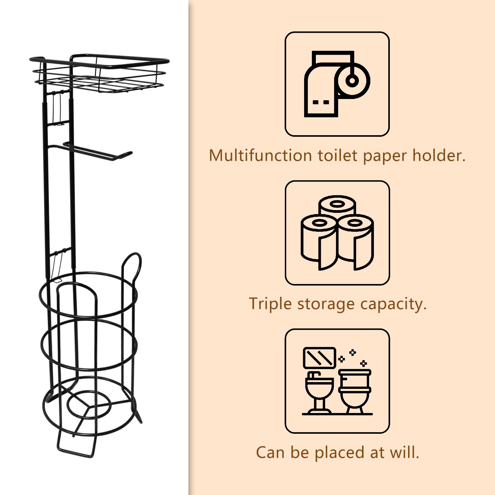 Sturdy Black Toilet Paper Holder Stand with Raised Base & Top Shelf - Bathroom Tissue Roll Dispenser & Storage Organizer for Home, Apartment, RV, and Office Use