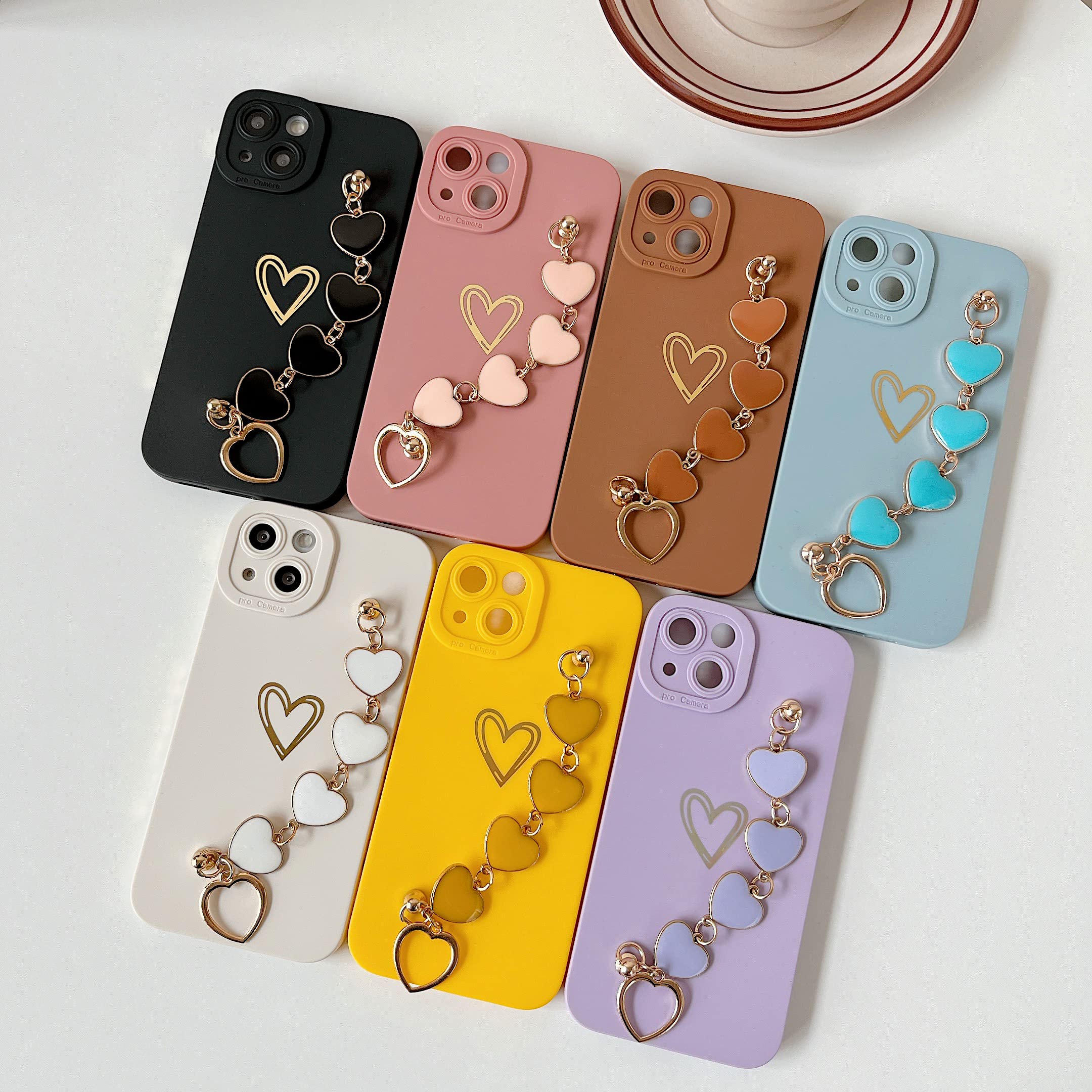 Cute Love Heart Wrist Strap Chain Phone Case for iPhone 12 Pro - Protective Purple Cover with Bracelet for Women & Girls | Perfect for Everyday Use, Travel, and Fashion Accessory