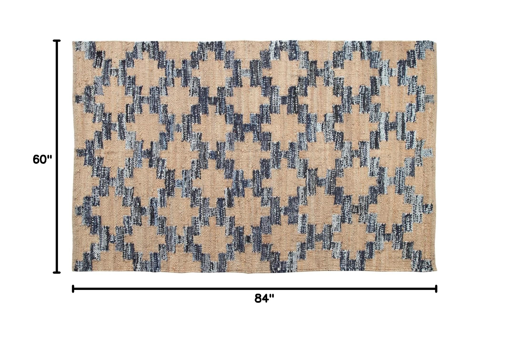 Handmade Jute & Cotton Area Rug - 5x7.8 Feet Denim Jute with Sun Trellis Diamond Chevron Pattern | Natural Fiber Floor Mat for Living Room, Bedroom & Boho Decor