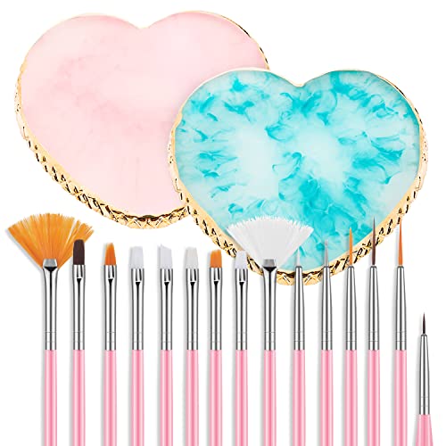 15 Pcs Professional Nail Art Brushes Set with 2 Heart-Shaped Resin Nail Palettes - Multicolor Nail Painting Tools Kit for DIY Nail Art, Home Salon & Professional Use - Perfect for Gel Polish, Acrylic Nails & Nail Design