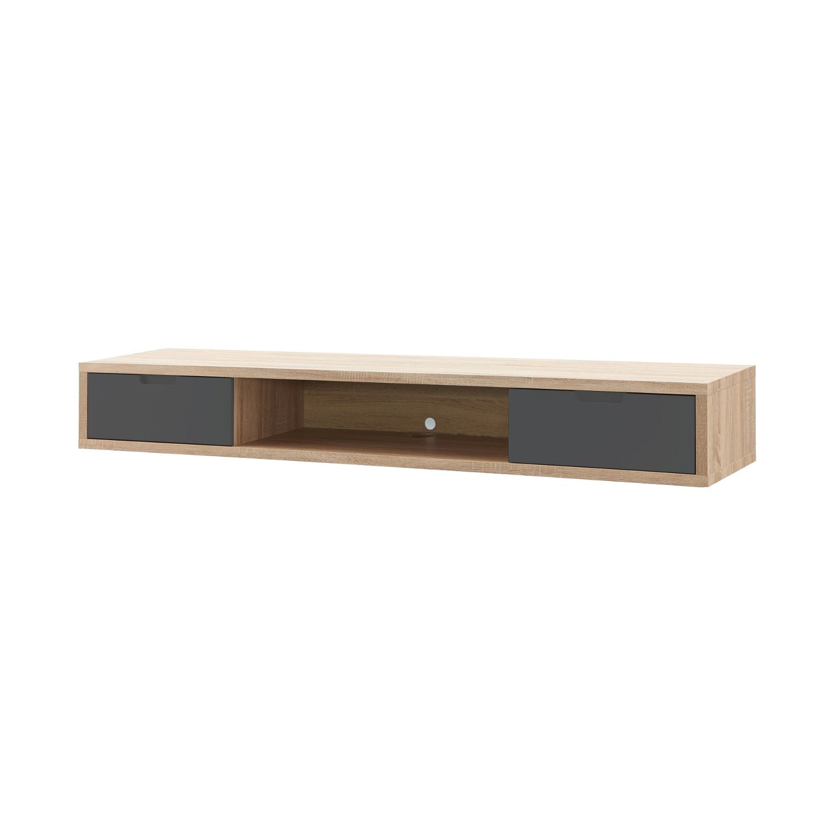 Wall Mounted Oak TV Stand with Grey Drawers - 1800mm Modern Entertainment Center for Living Room by Criterion | Perfect for Home Theater Setup & Media Storage