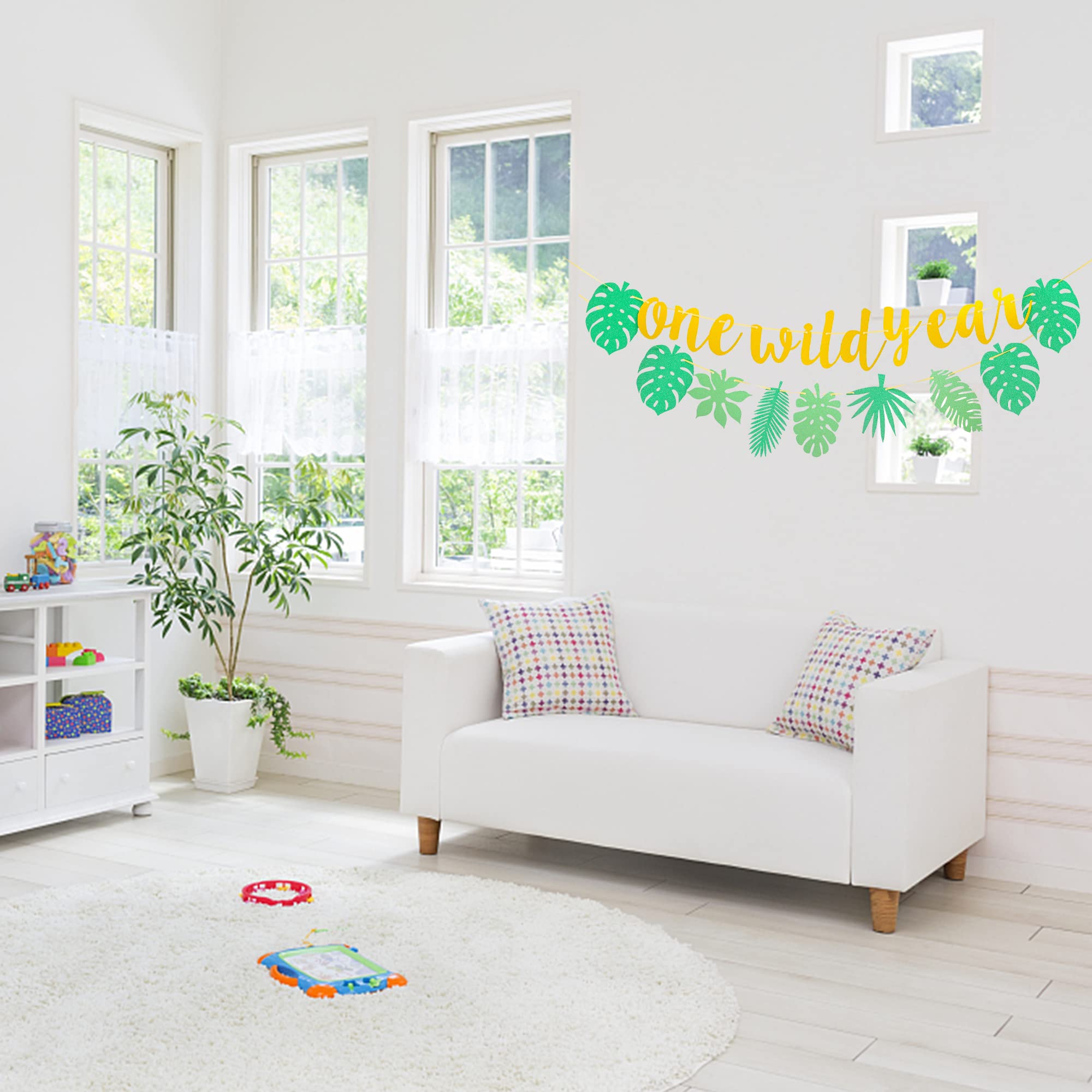 Gold Glitter Wild One Birthday Banner with Tropical Palm Leaves & Turtle - 1st Birthday Party Decor, Baby Shower Garland Sign - Perfect for Jungle Theme Celebrations, Nursery Wall Decor & Photobooth Backdrops