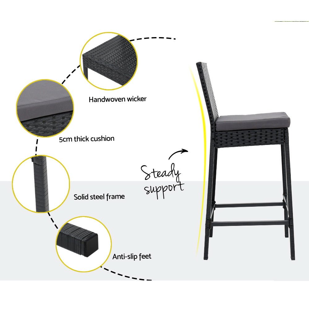 3-Piece Outdoor Bar Set - Patio Dining Chairs with Wicker Table & Stools for Backyard, Garden, Poolside or Deck Relaxation