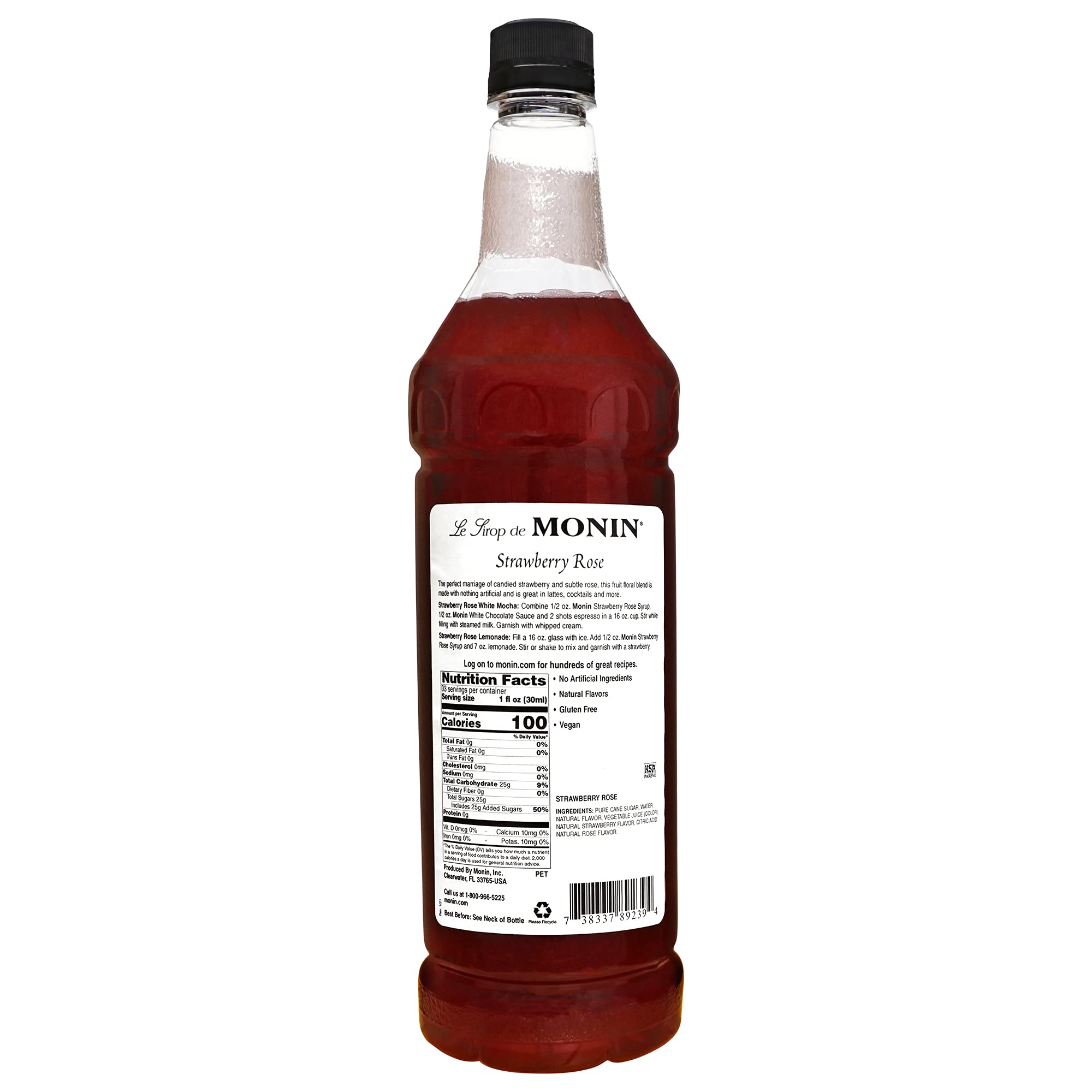 Monin Strawberry Rose Syrup - Natural Flavoring for Coffee, Lattes, Teas, Cocktails & More | 1L Bottle | Perfect for Home Barista, Cafe Drinks & Cocktail Mixing