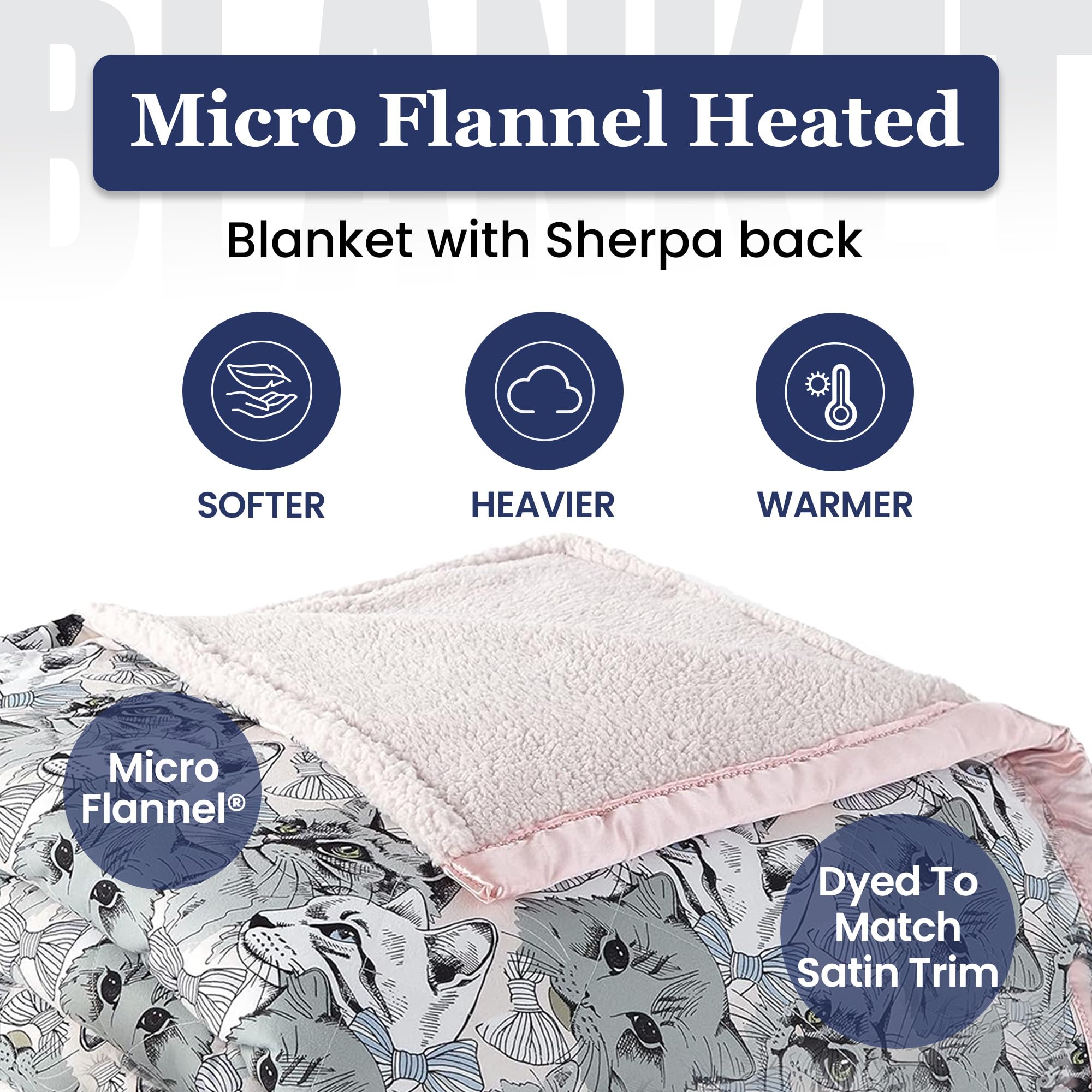Thermee Micro Flannel Heated Blanket with Sherpa Back - 10 Heat Settings Electric Blanket Twin Size, Programmable Fast Heating Throw Blanket for Bed, Sofa & Office - Ultra Soft Thermal Blanket with Cat Design - Perfect for Winter Nights, Movie Time & Pet Cuddles