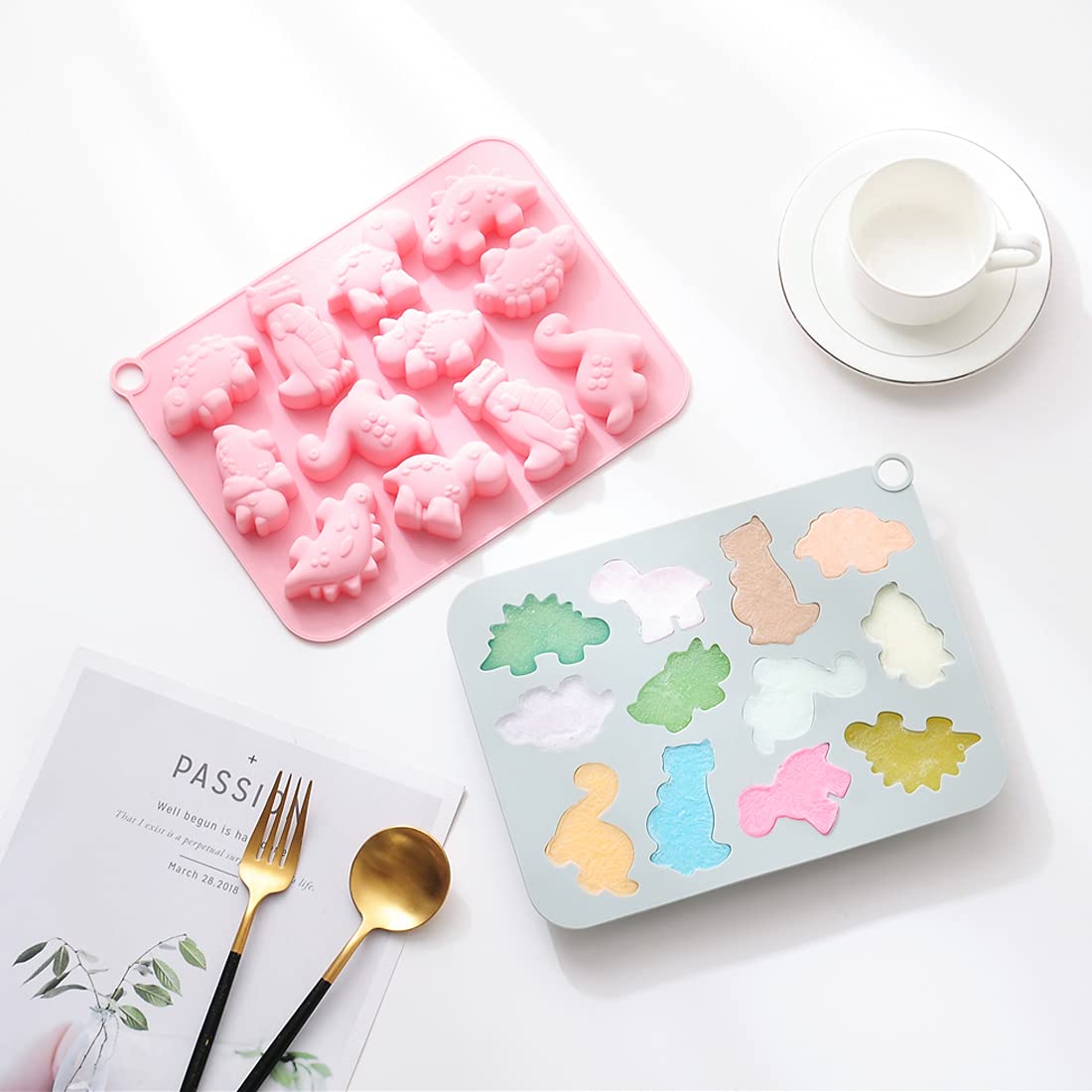 2Pcs Cute Dinosaur Silicone Cake Molds - 3D Dino Chocolate & Gummy Mold Tray with 12 Cavities - Perfect for Baking, Candy Making, Cupcake Decorating and DIY Handmade Soap - Fun Kids Birthday Party & Baking Activity Supplies