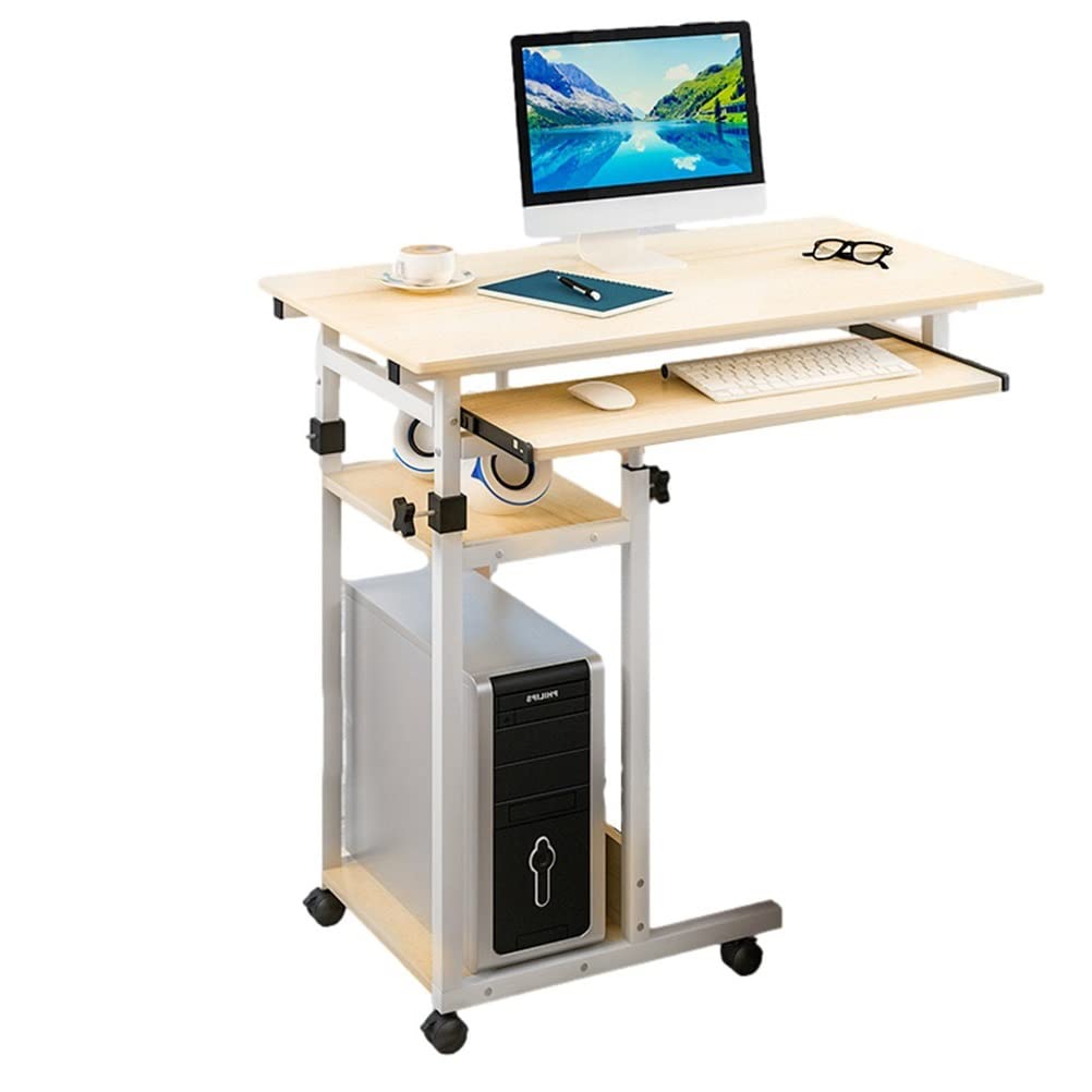 Adjustable Overbed Bedside Table with Wheels - Portable Lap Desk with Storage, 2-Tier Shelves, Mobile Laptop Cart for Sofa, Bed & Office Use - Natural Wood Finish (Removable Wheels) - Ideal for Home, Hospital & Workspace Organization