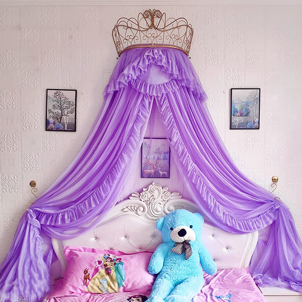 XWSM Princess Bed Canopy with Golden Metal Crown & LED Lights - Romantic Bed Canopy Drapes for Girls Room, Kids Bed, Baby Crib Cover - Perfect for Birthday Gifts, Nursery Decor, and Dreamy Bedroom Makeover