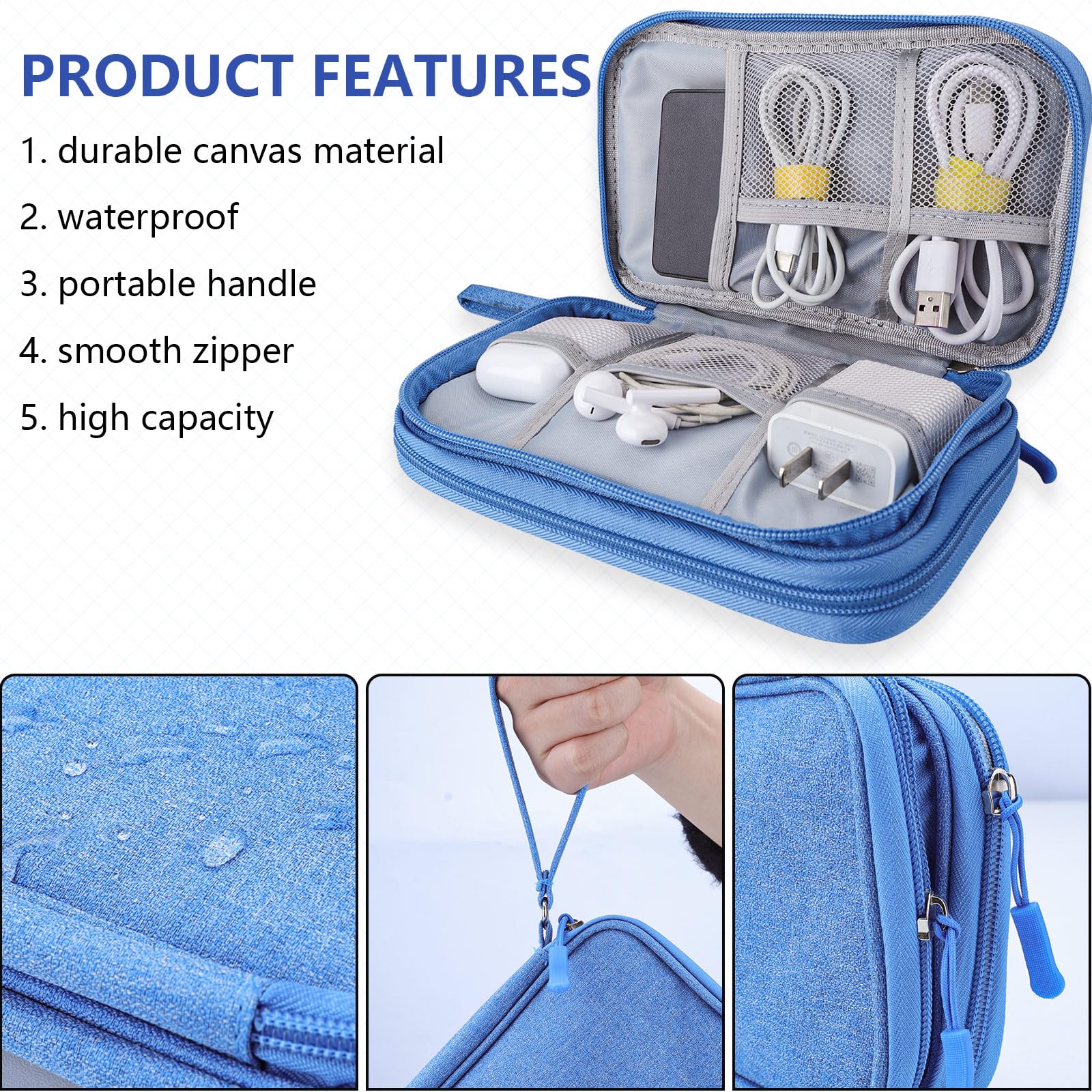 Teskyer Waterproof Travel Organizer Bag for Electronics & Cables - 8.5 x 5 Inch Sky Blue Travel Accessories | Perfect for Men & Women | Ideal for Business Trips, Vacations & Daily Commute