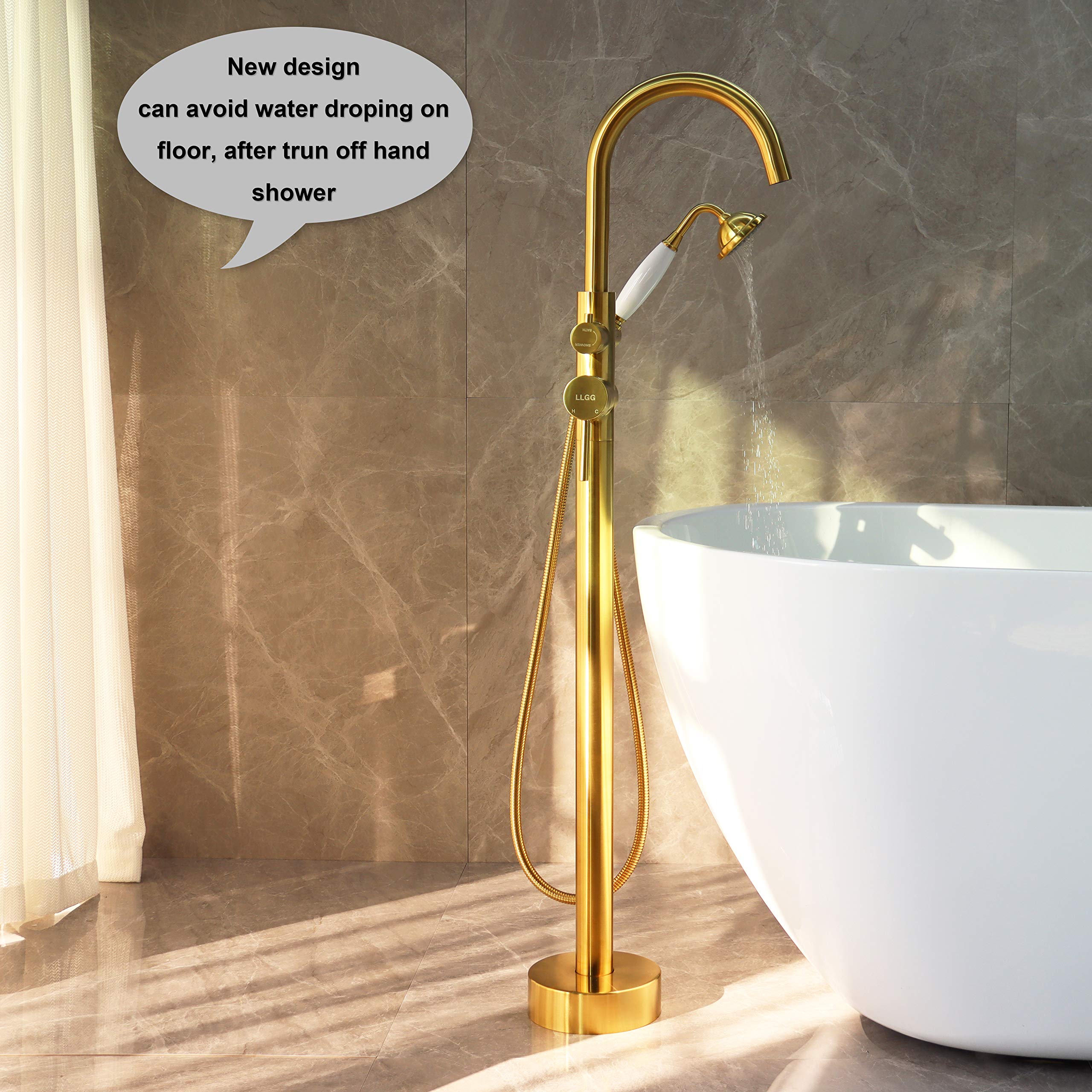 Freestanding Bathtub Faucet - Brushed Gold Floor Mounted Tub Filler with High Flow Rate - Perfect for Modern Bathroom & Spa Retreats
