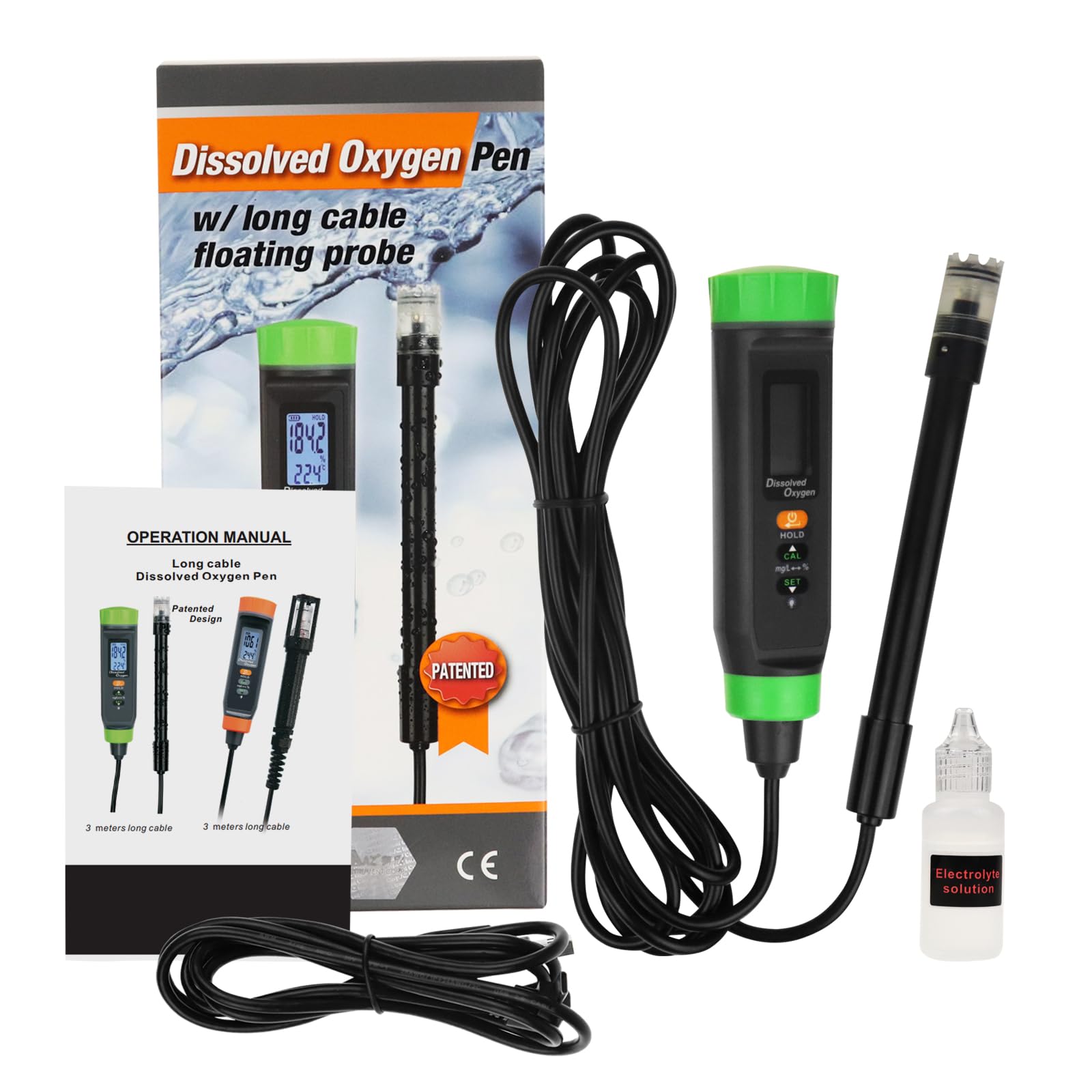 Portable Dissolved Oxygen Meter with ATC & Long Cable - DO Tester Kit with Self-Floating Probe Electrode for Aquariums, Ponds, Hydroponics & Water Quality Testing