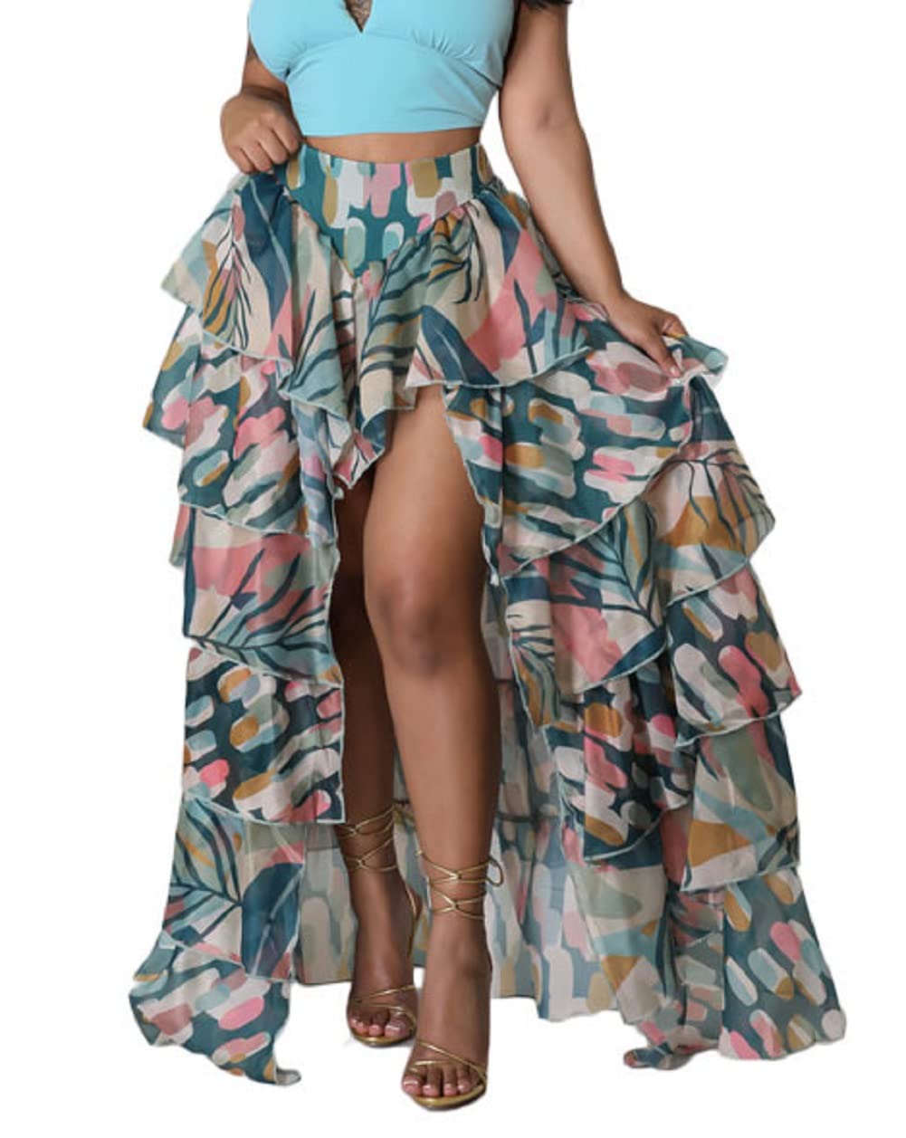 CHARTOU Women's Sexy High Waisted Hi-Low Asymmetrical Tiered Slit Tulle Maxi Skirt - Perfect for Evening Parties, Date Nights & Special Occasions