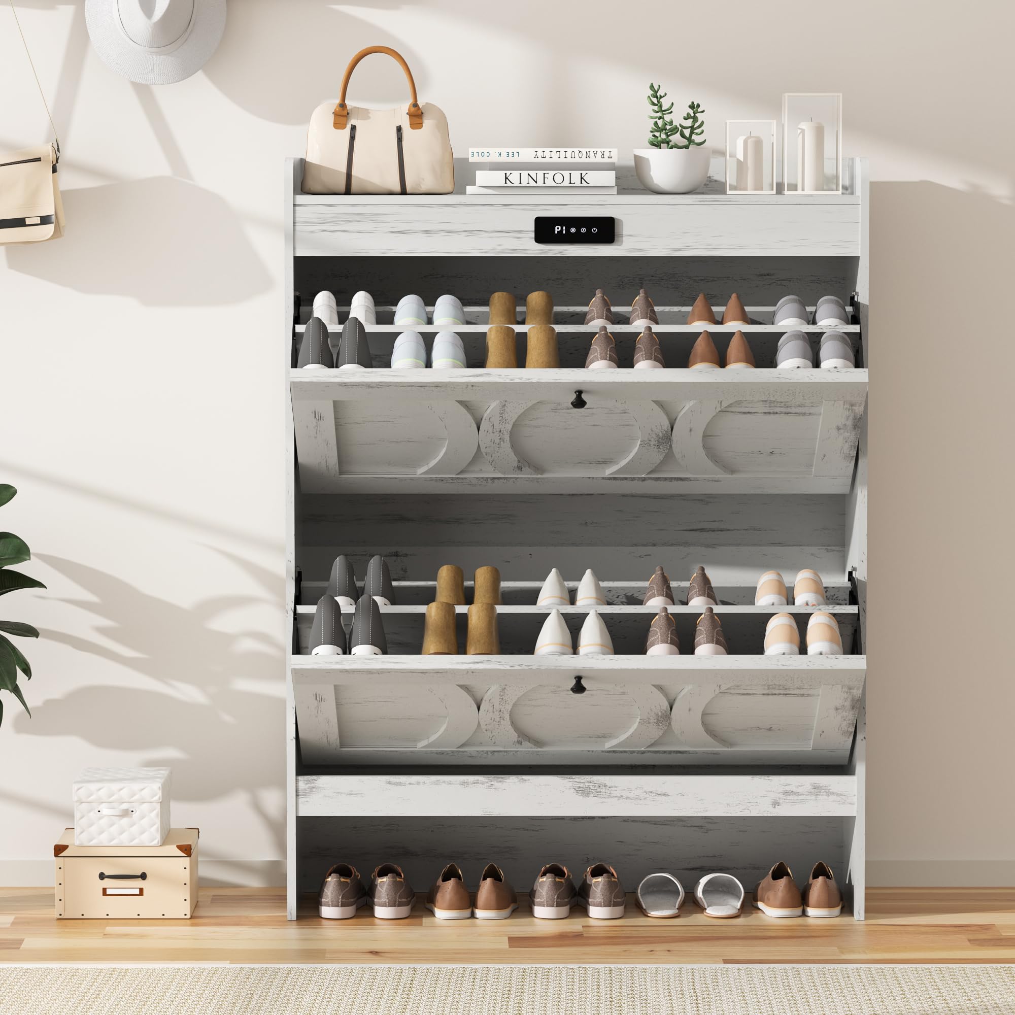 VFF Shoe Storage Cabinet with 2 Flip Drawers - Freestanding Shoe Organizer with Wooden Legs - Narrow Shoe Rack for Hallway, Bedroom & Entryway - Rustic White Finish - Perfect for Small Spaces & Clutter-Free Home Organization