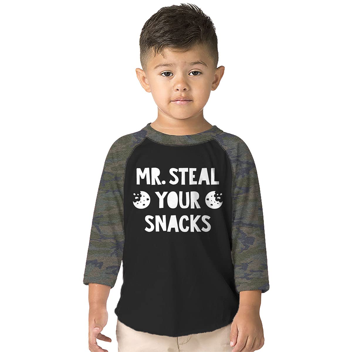 SpiritForged Apparel Mr. Steal Your Snacks Toddler 3/4 Sleeve Raglan Shirt - Cute & Comfortable Baseball Tee for Boys & Girls - Perfect for Playdates, Daycare & Family Photos