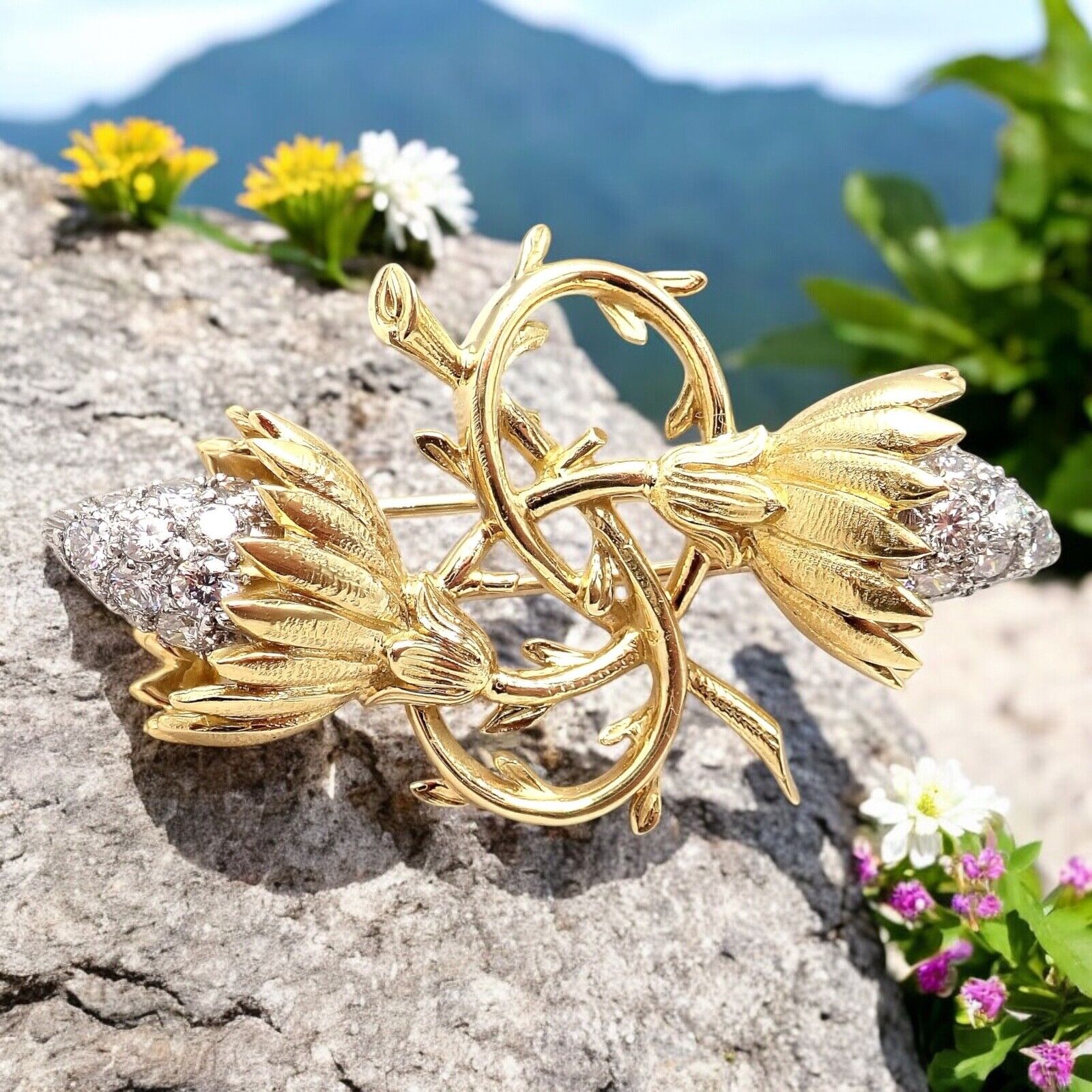 Authentic Tiffany & Co Schlumberger 18K Yellow Gold & Platinum Diamond Brooch Pin - Luxury Jewelry Gift for Women, Perfect for Weddings & Special Occasions