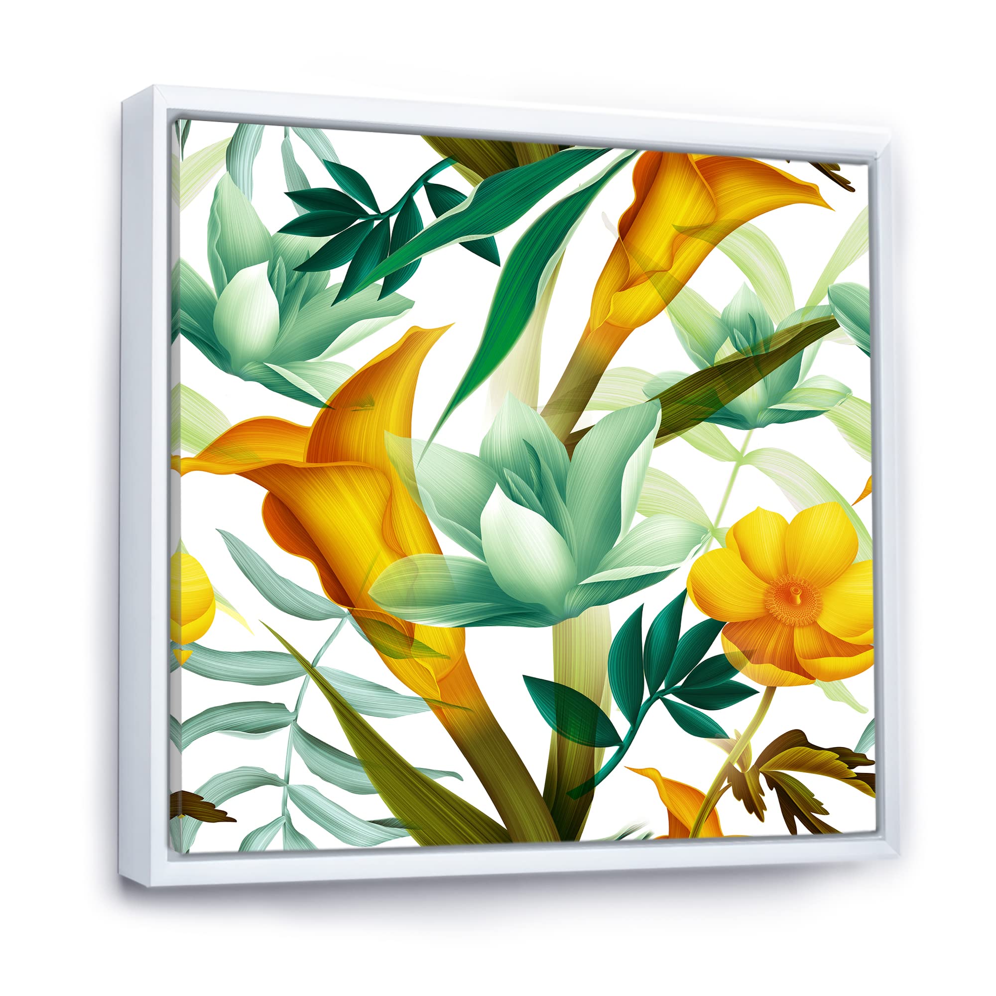 DesignQ Tropical Foliage & Yellow Flowers III - Modern Framed Canvas Wall Art Print for Living Room, Bedroom & Office Decor