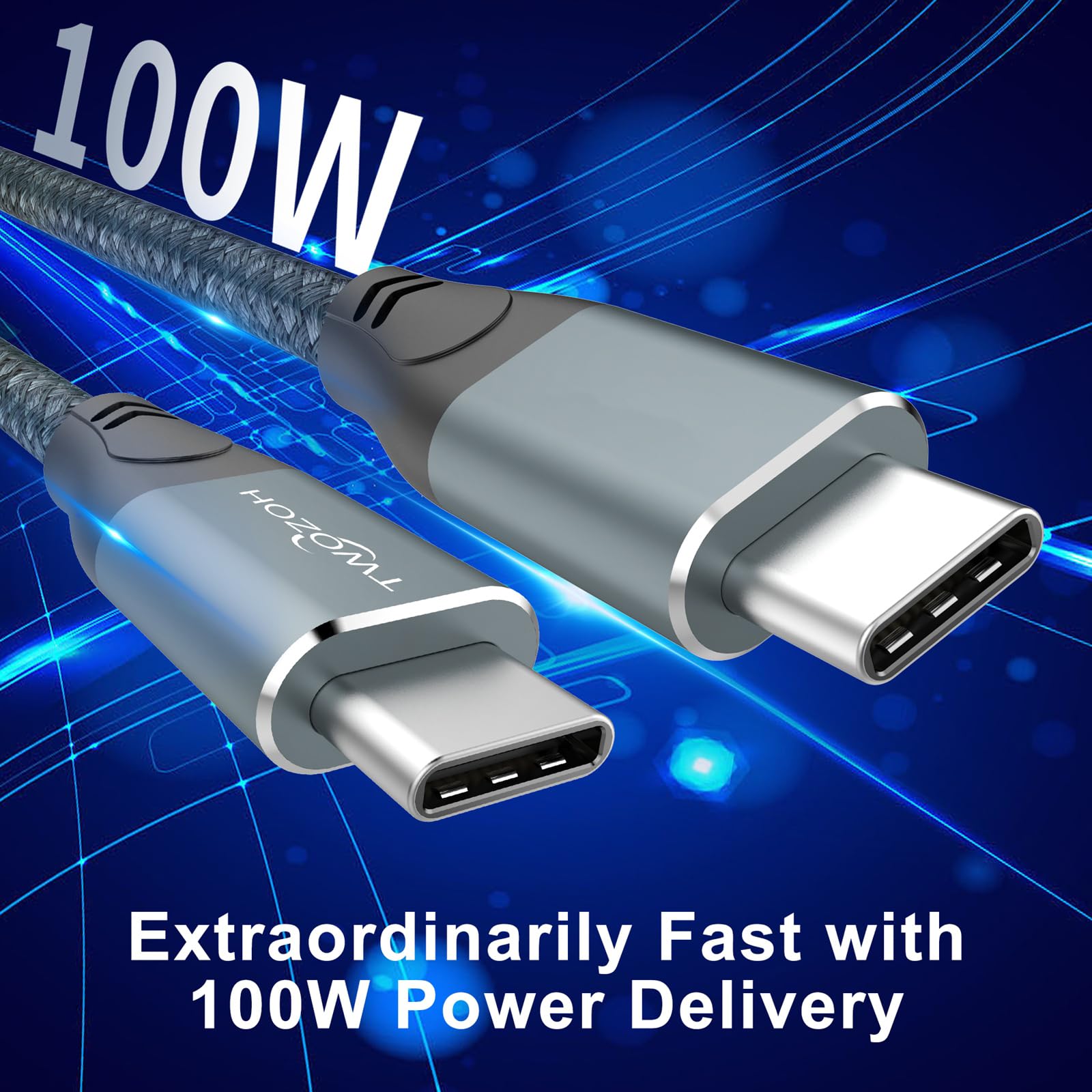 Twozoh USB C to USB C Cable 3.2 Gen 2 (20Gbps, 100W PD Fast Charging, 4K Video) - 0.5M Grey High-Speed Data Transfer Cord for MacBook Pro, iPad Pro, Samsung Galaxy & More - Perfect for Charging, File Transfer & External Display Connection
