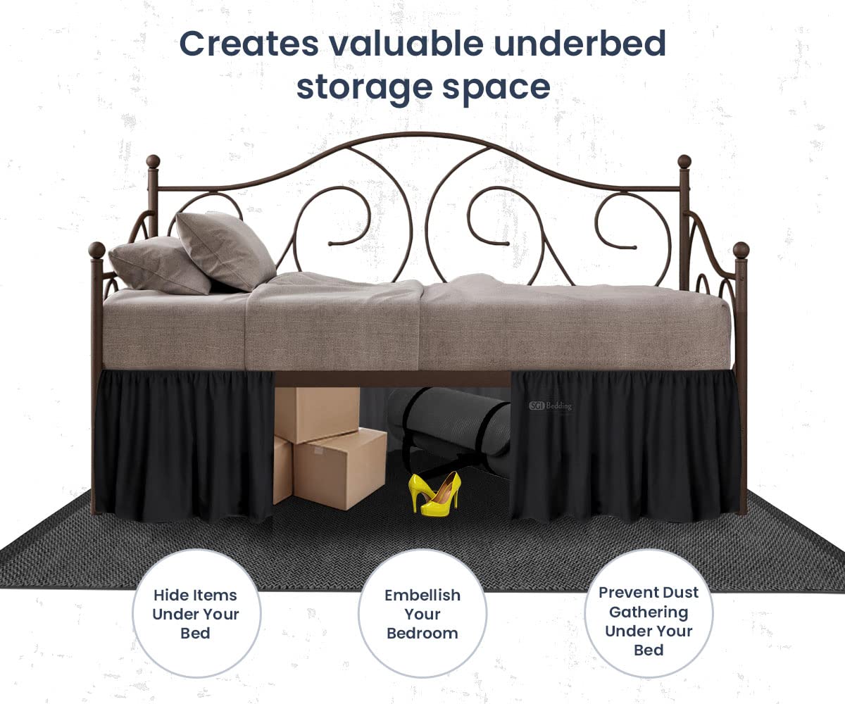 14 Inch Drop Full Size Black Solid Day Bed Skirt - Stylish Ruffled Split Corner Design - Easy Fit & Care - Wrinkle & Fade Resistant Microfiber - Perfect for Guest Rooms, Dorm Decor & Bedroom Makeovers