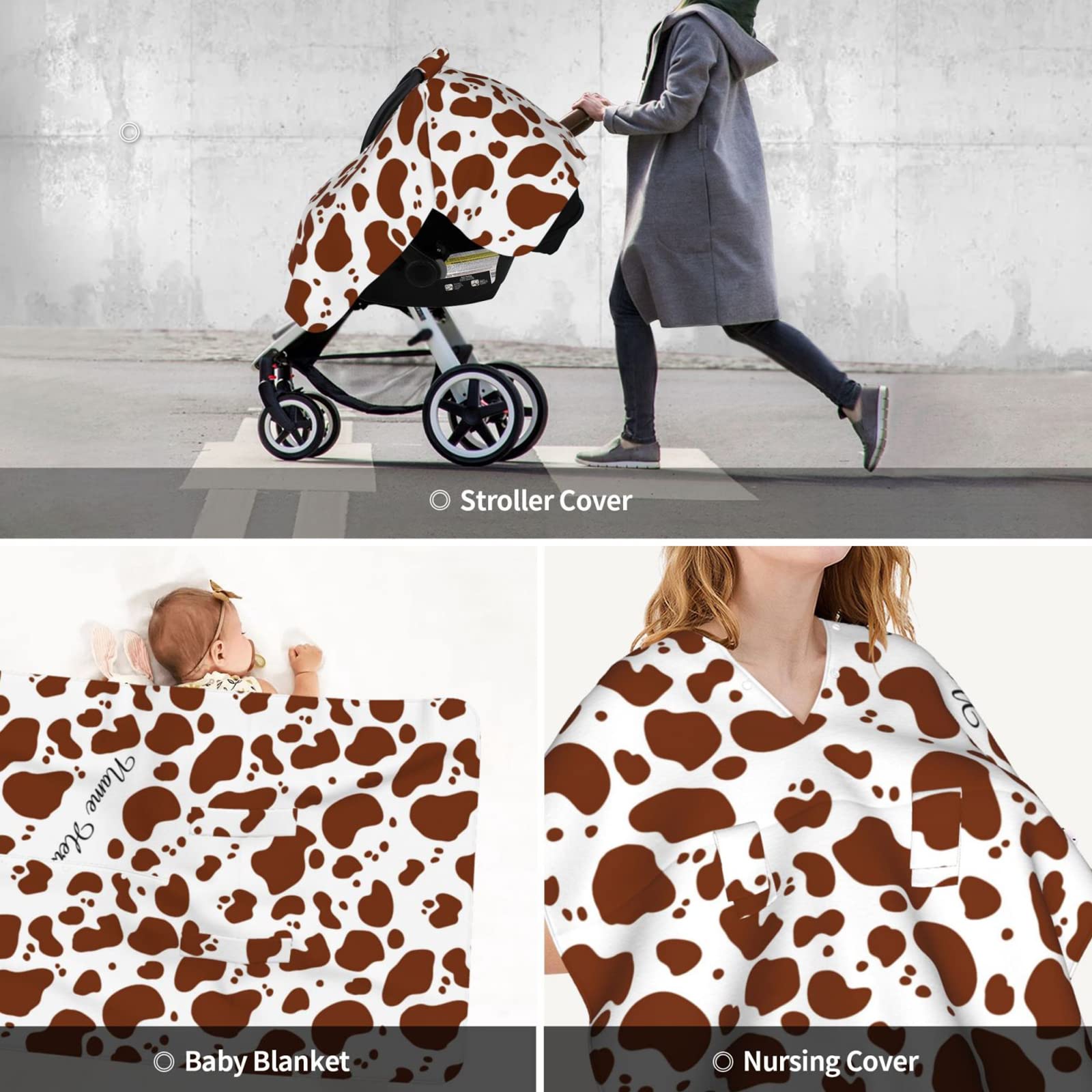 Personalized Brown Cow Print Baby Car Seat Canopy with Name - Custom Multi-Use Blanket for Boys & Girls - Soft Minky Nursing Cover for Strollers & Newborns - Perfect for Breastfeeding, Travel & Outdoor Protection
