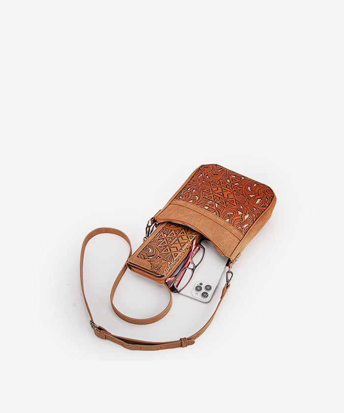 Trinity Ranch Tooled Leather Crossbody Bag Set for Women - Western Style Handbag Purse with Adjustable Strap - Perfect for Travel, Shopping & Everyday Use