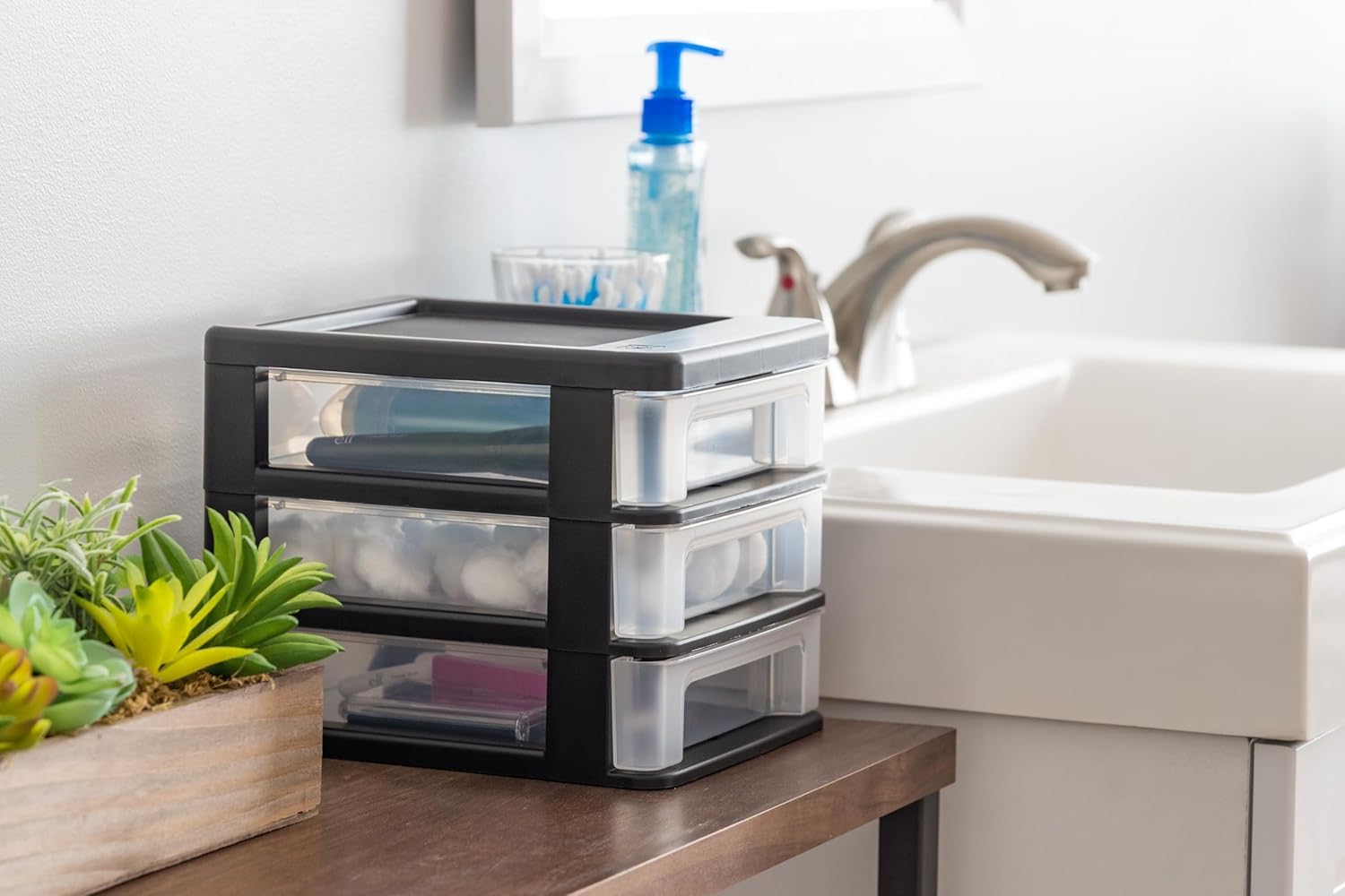 IRIS USA Plastic Stacking Desk Top 3-Drawer Storage Organizer, 2-Pack - Black Small Drawer Organizer for Makeup, Nail Polish, Stationery, Craft Supplies | Perfect for Bathroom, Office, Kitchen, Garage & Vanity Organization