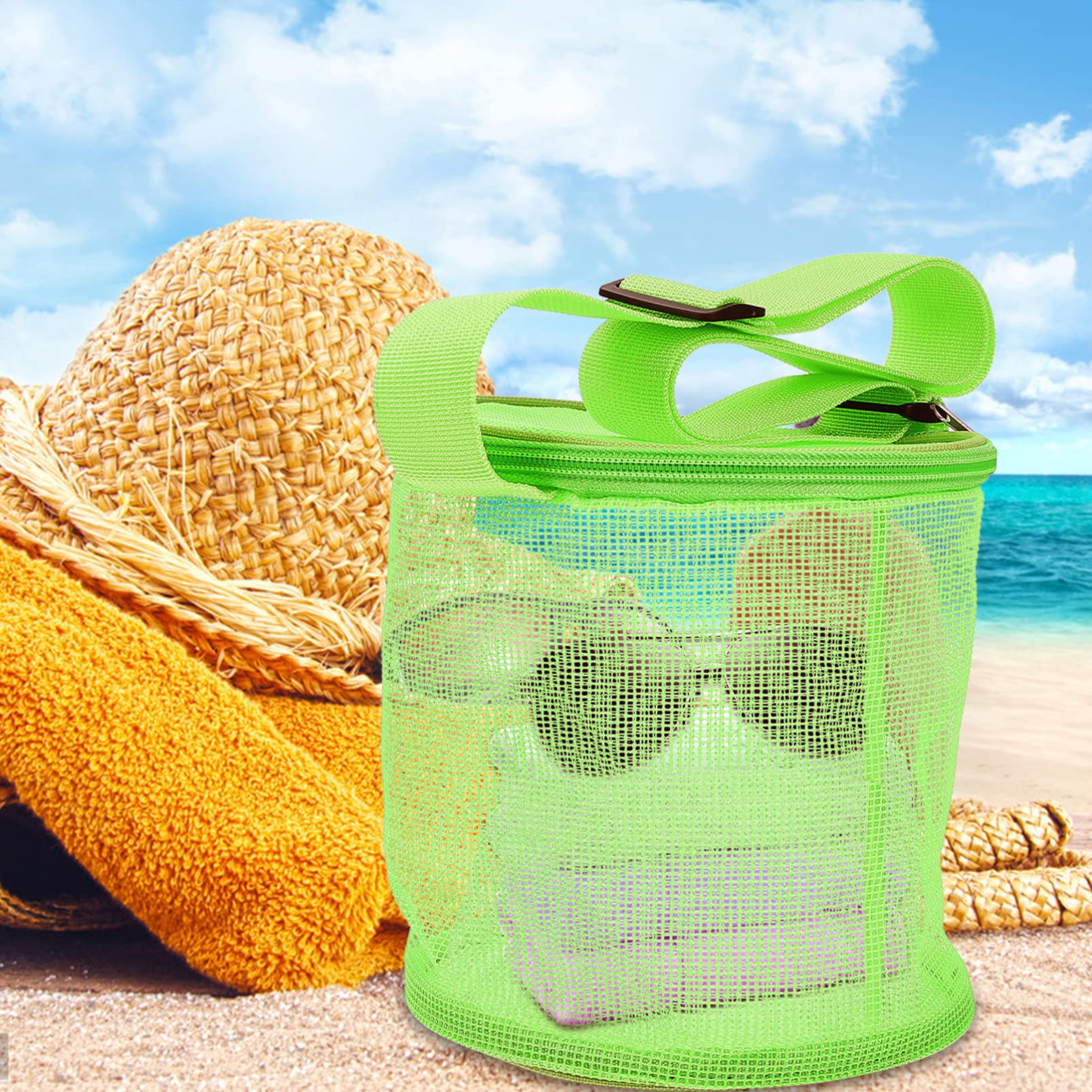 Large Mesh Beach Toy Bag with Zipper - Durable Cylindrical Tote for Boys & Girls - Perfect for Summer Beach Trips, Pool Parties & Outdoor Adventures