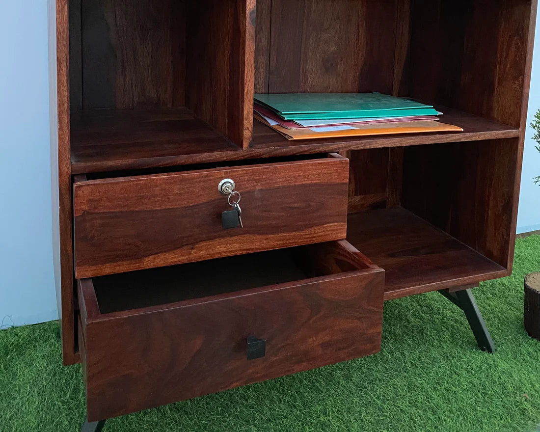 Gfine Solid Sheesham Wood Bookshelf with 2 Doors & 2 Drawers - 86x40x183cm - Stylish Home Office & Living Room Storage Solution