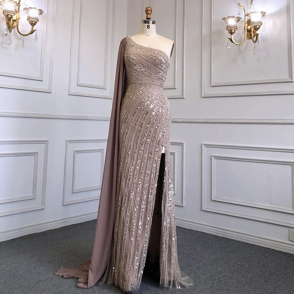 Serene Hill Caramel Mermaid Sexy High Slit Cape Sleeve Beaded Luxury Evening Gown for Women - Perfect for Weddings, Galas & Formal Parties in 2025 | LA71708