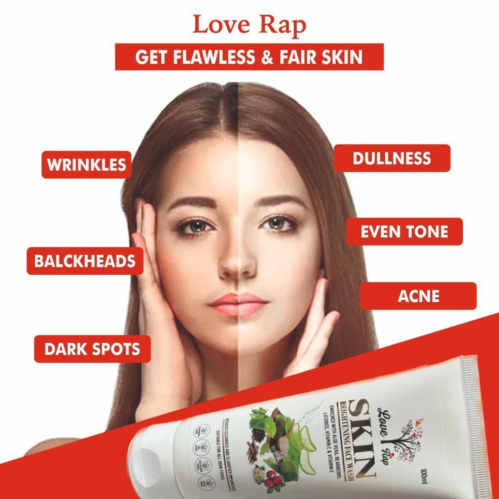 Love Rap Brightening Face Wash with Aloe Vera, Bearberry & Vitamin C | Dark Spot Treatment for Glowing Skin | 100ml | Gentle Daily Cleanser for Morning & Night Routine