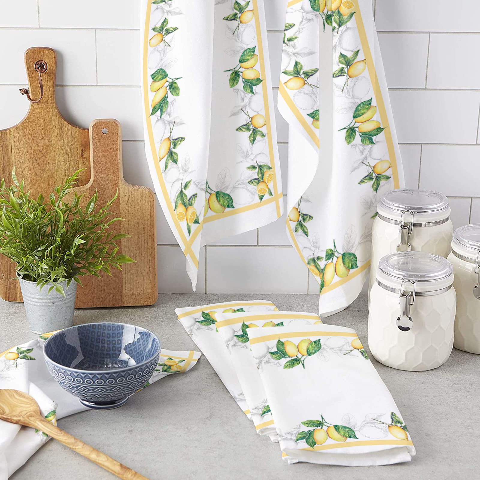 Premium Microfiber Kitchen Towels Set of 1 - Super Absorbent Dish Towels for Drying & Cleaning - 18x28in Farmhouse Style Lemon Yellow Plaid Design - Perfect for Kitchen, Dishes, Countertops & Spring Decor