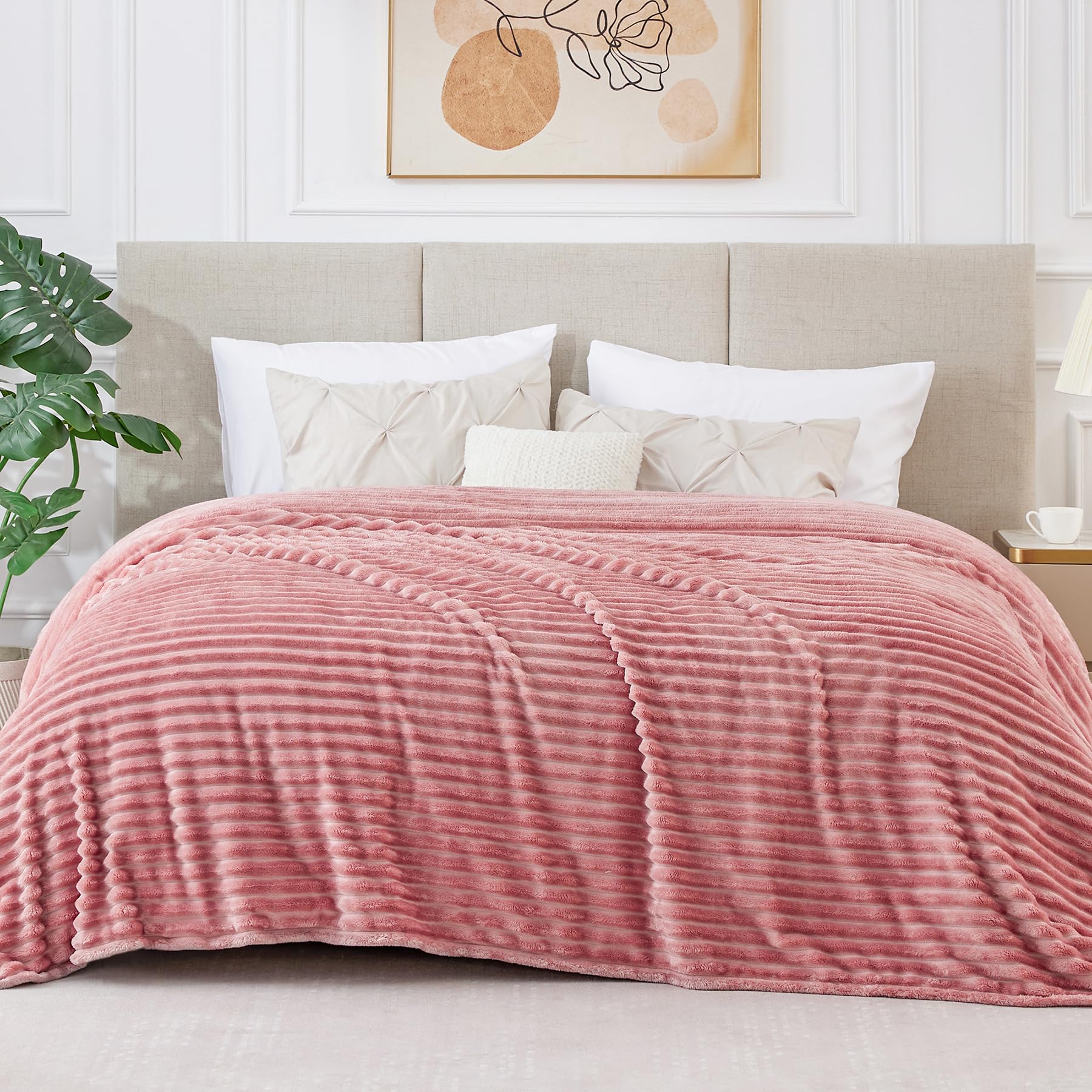 BEDELITE 3D Ribbed Jacquard Fleece Blanket Queen Size 90x90 Inches - Ultra Soft, Warm & Plush Fuzzy Blanket for Couch, Bed, Sofa - Lightweight Decorative Throw Blanket (Pink) - Perfect for Winter Nights, Movie Time & Home Decor