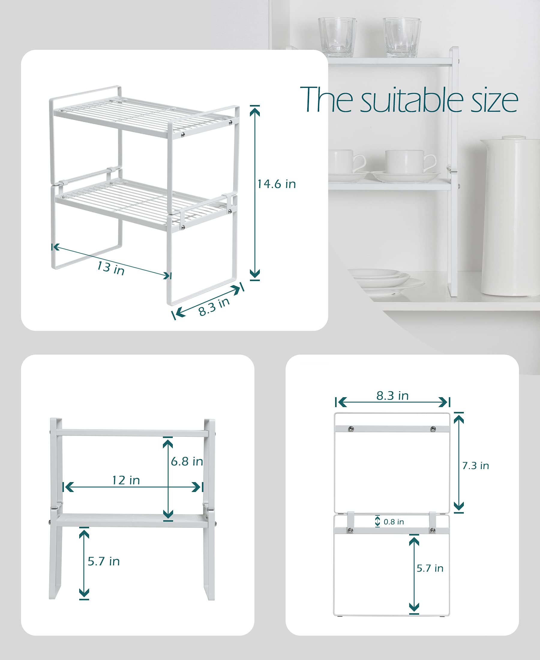 2 Pack Stackable Steel Frame Shelf Organizer - Rust Resistant & Non-Slip White Storage Rack for Kitchen Cabinet, Pantry, Bathroom, Bedroom & Office | Space Saving Counter & Desk Organizer for Home & Office Use