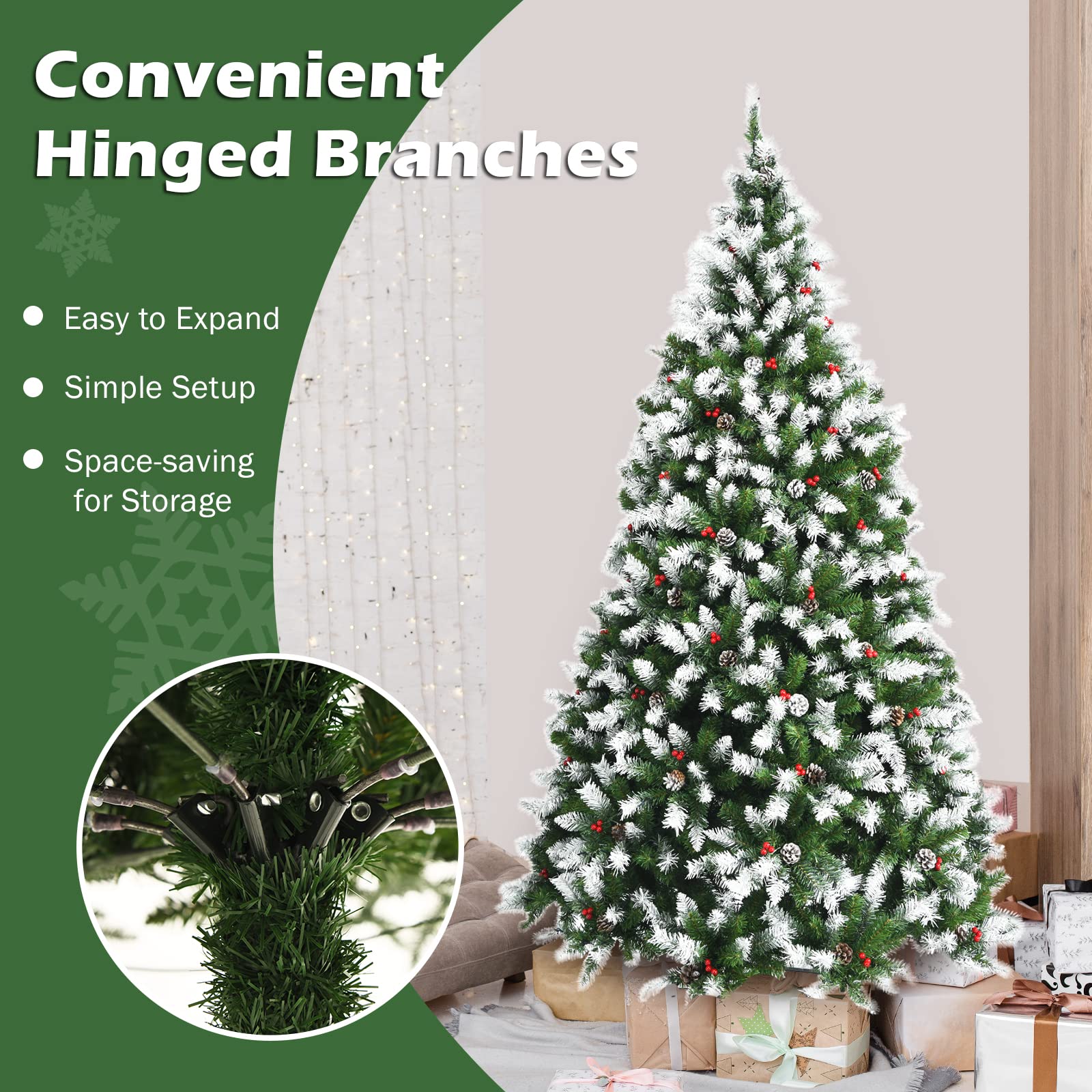 GOFLAME 7.5ft Pre-Lit Artificial Christmas Tree with 550 Warm White LED Lights, 8 Lighting Modes, Snow Flocked Hinged Branches & Sturdy Metal Stand - Perfect for Living Room, Office, and Holiday Festival Decorations