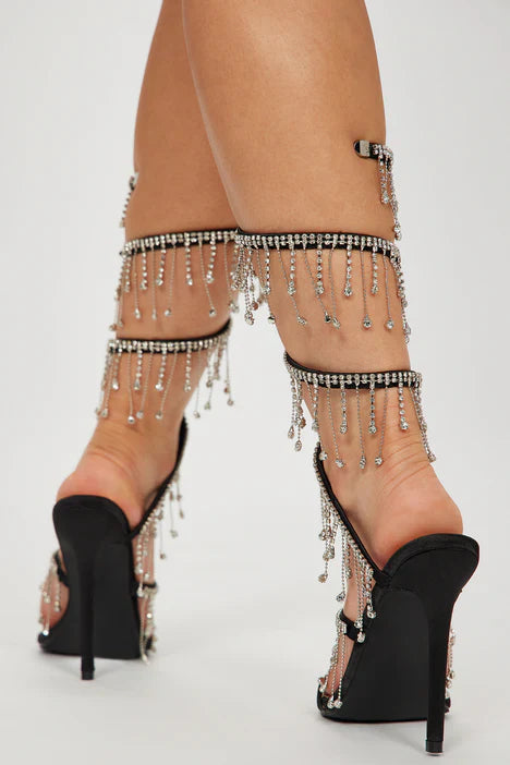 Arabella Rhinestone Tassel Stiletto Heels for Women - Elegant Black High Heels for Party, Wedding & Evening Events