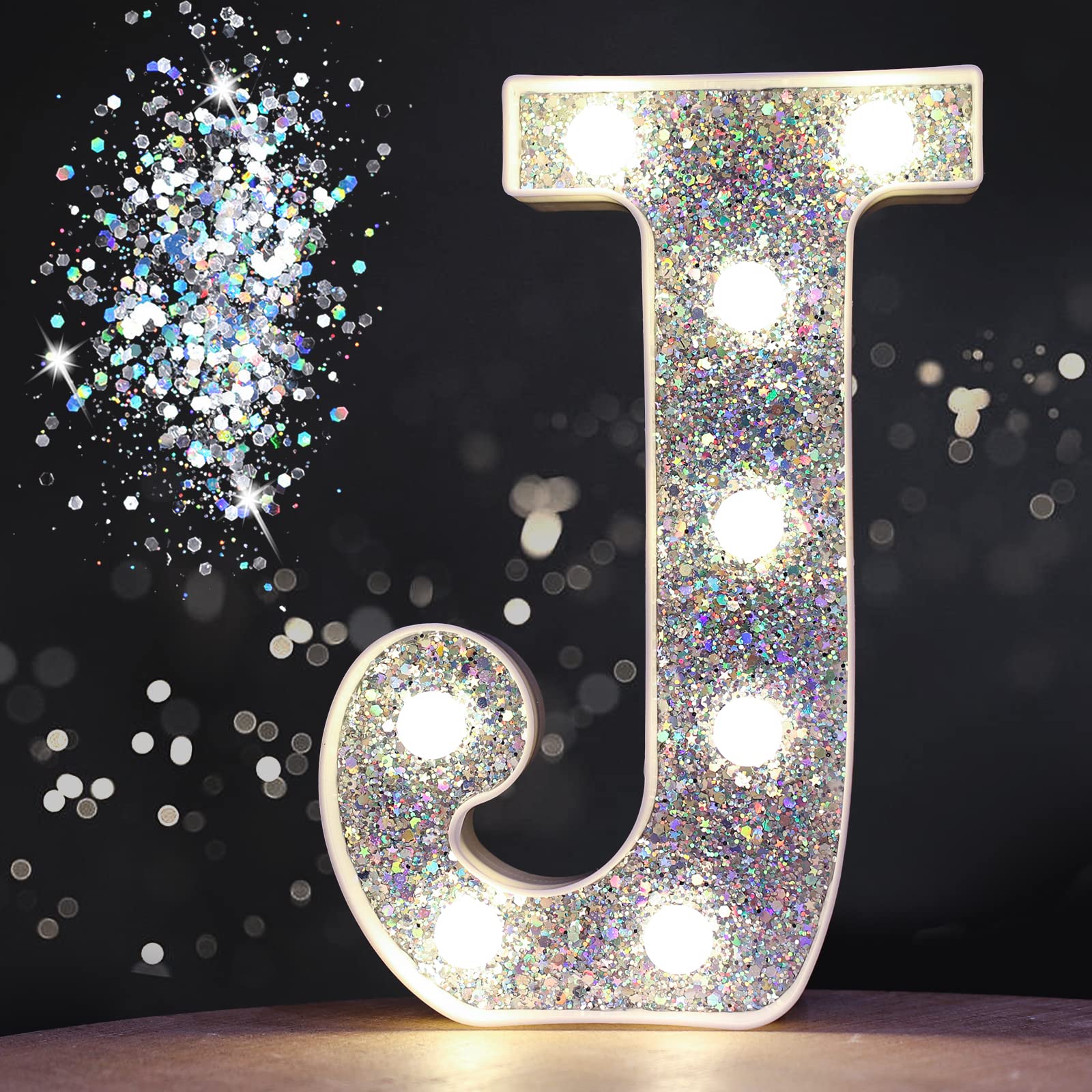 Pooqla Silver LED Marquee Letter J - Battery Powered Glitter Alphabet Light for Night Light, Birthday Party, Wedding, Home Bar & Christmas Decor - Perfect for Girls' Gifts & Room Decoration