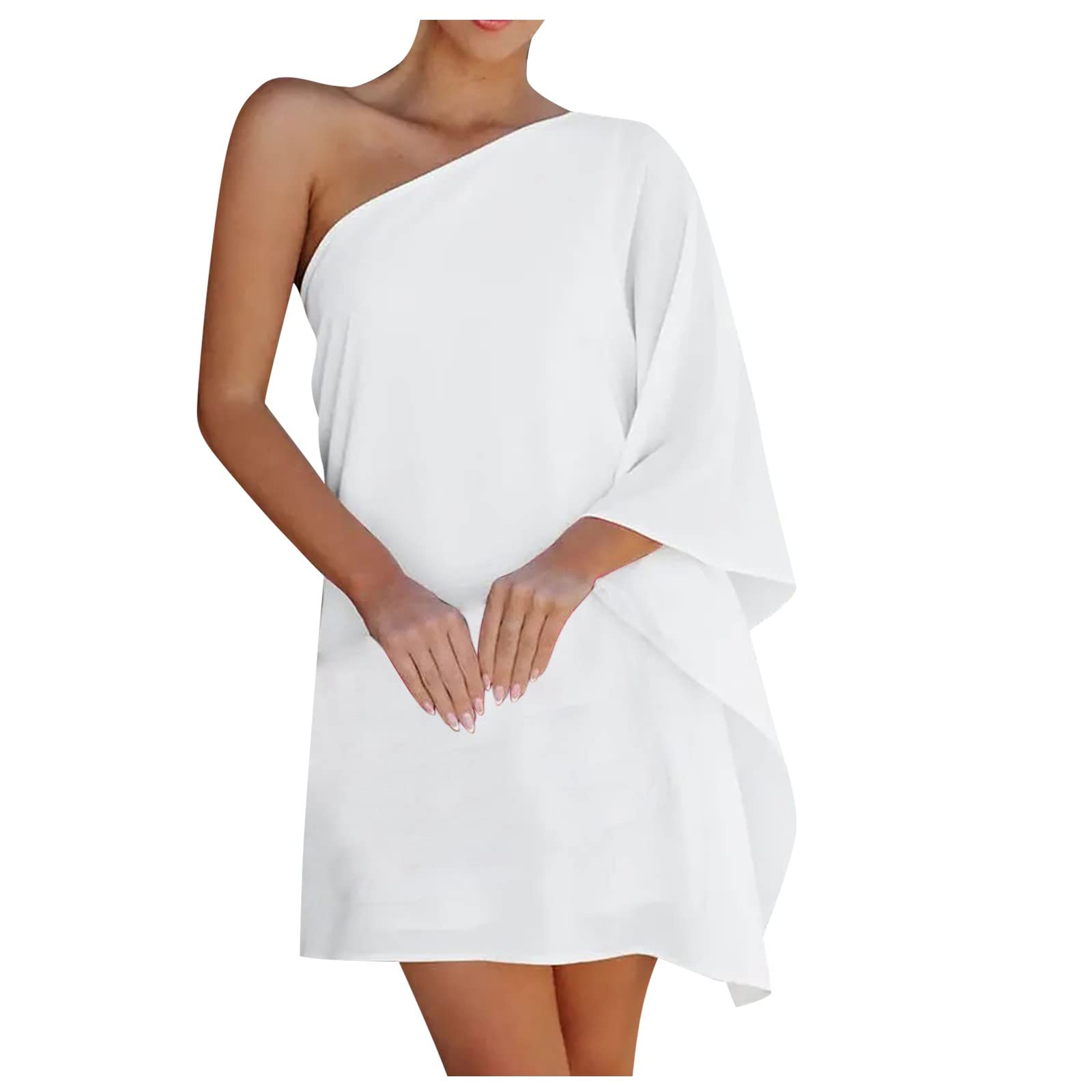 Elegant Women's One Shoulder Cocktail Dress - Summer Loose Fit Solid Color Doll Sleeve Party Dress for Night Out, Date Night & Special Occasions
